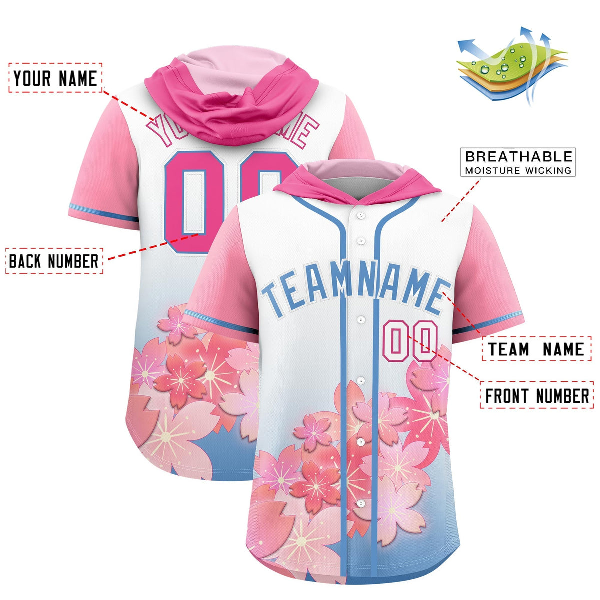 Custom Hooded Baseball Jersey | Pink Light Blue Cherry Blossom Personalized Name &amp; Number Sport Jersey