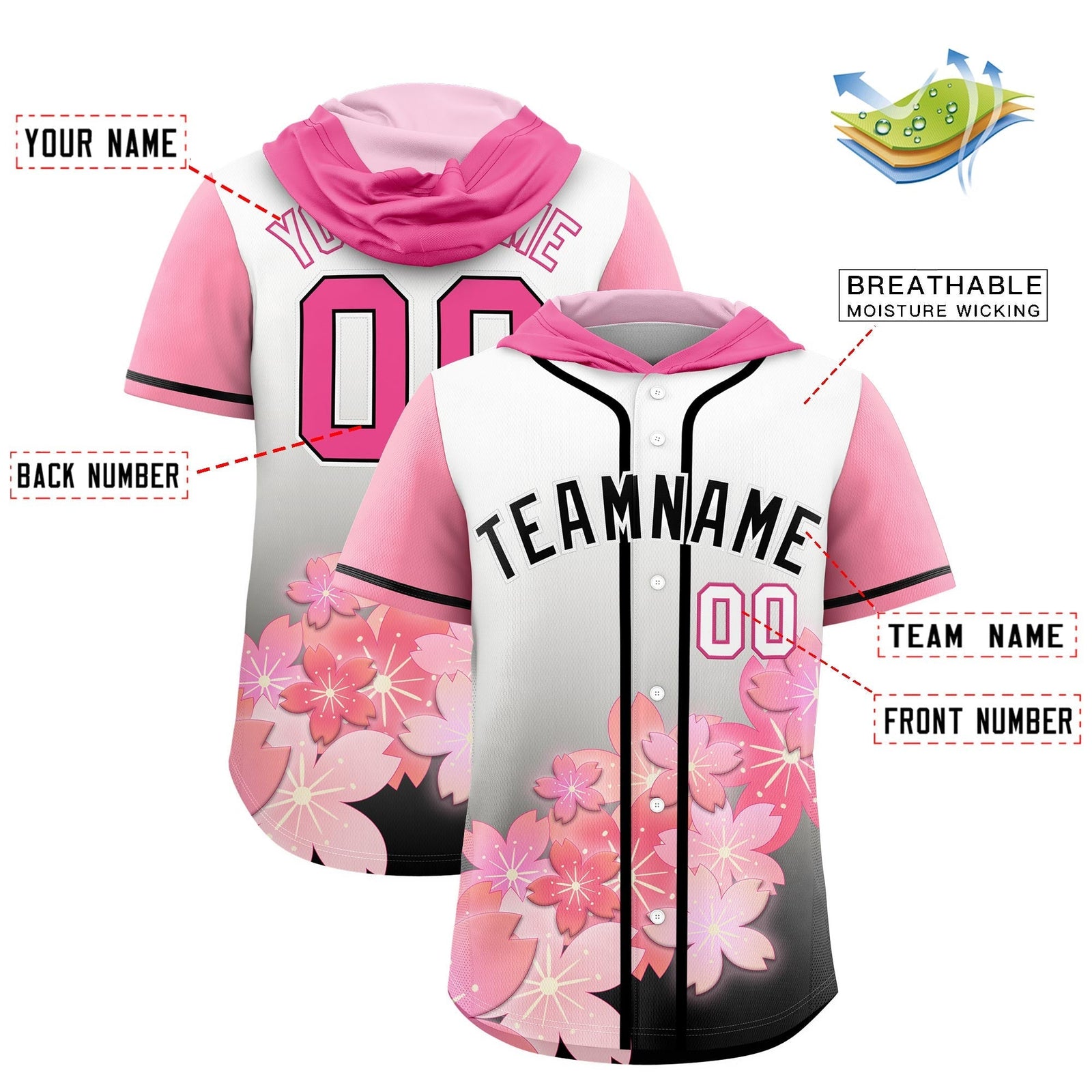 Custom Hooded Baseball Jersey | Pink Black Cherry Blossom Moisture-Wicking Jersey for Men & Women