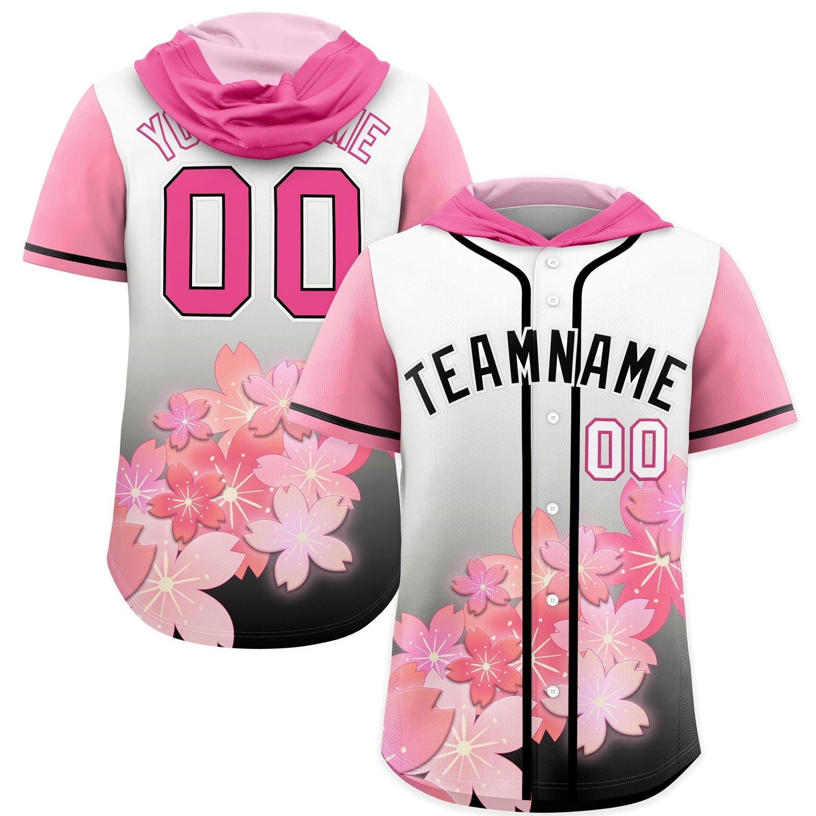 Custom Hooded Baseball Jersey | Pink Black Cherry Blossom Moisture-Wicking Jersey for Men & Women