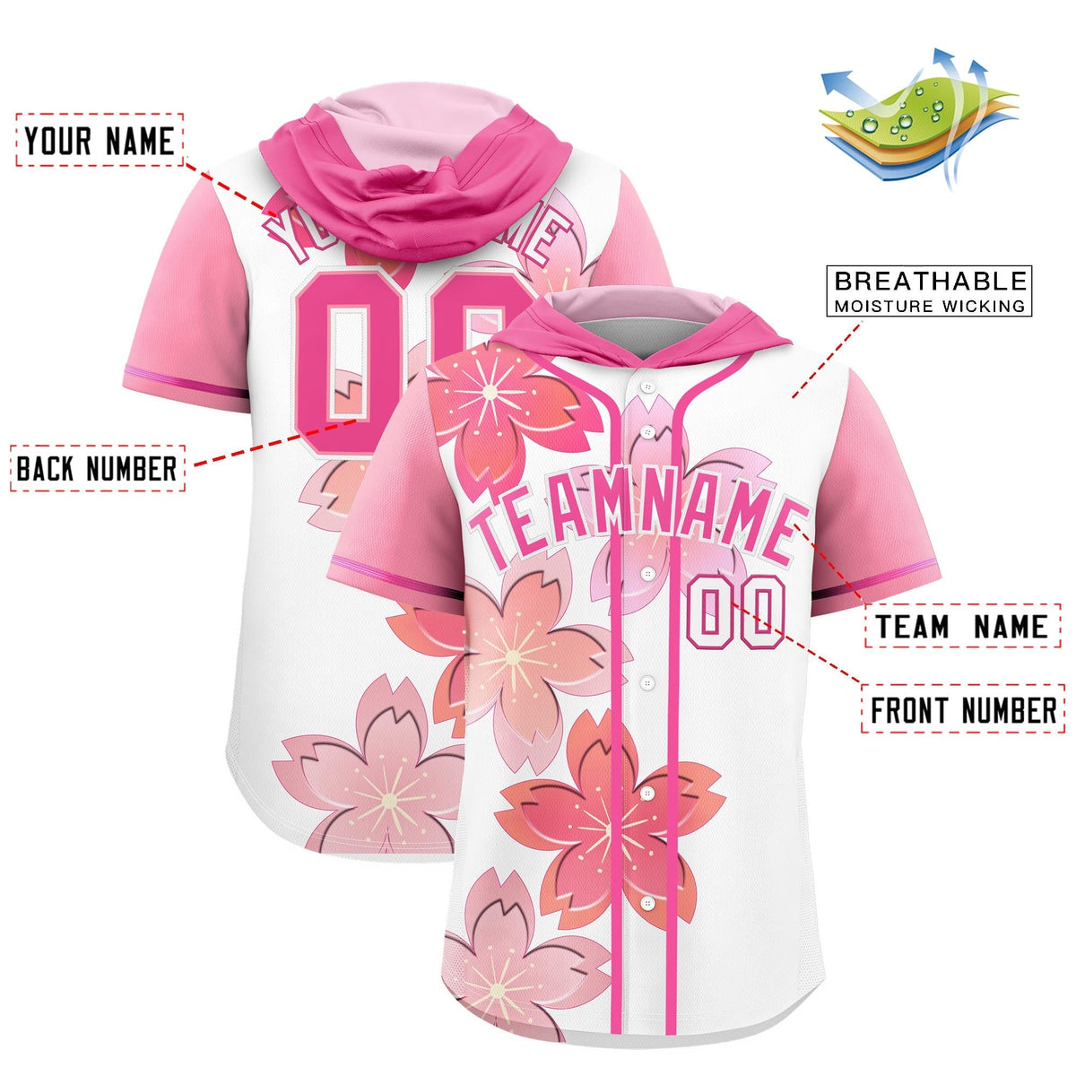 Custom Hooded Baseball Jersey | Pink White Cherry Blossom Personalized Name &amp; Number Sport Jersey