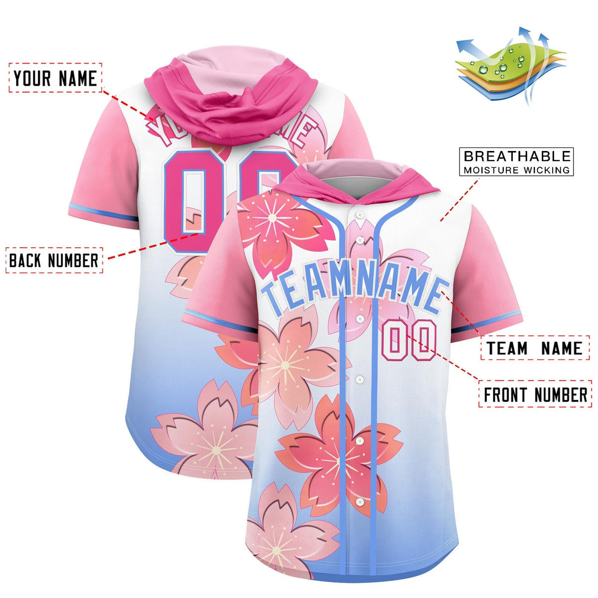 Custom Hooded Baseball Jersey | Pink Light Blue Cherry Blossom Personalized Name &amp; Number Sport Jersey