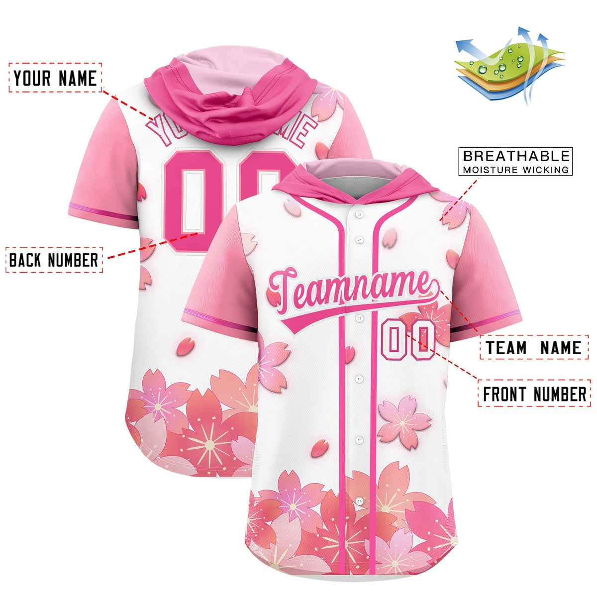 Custom Hooded Baseball Jersey | White Pink Cherry Blossom Personalized Name &amp; Number Sport Jersey