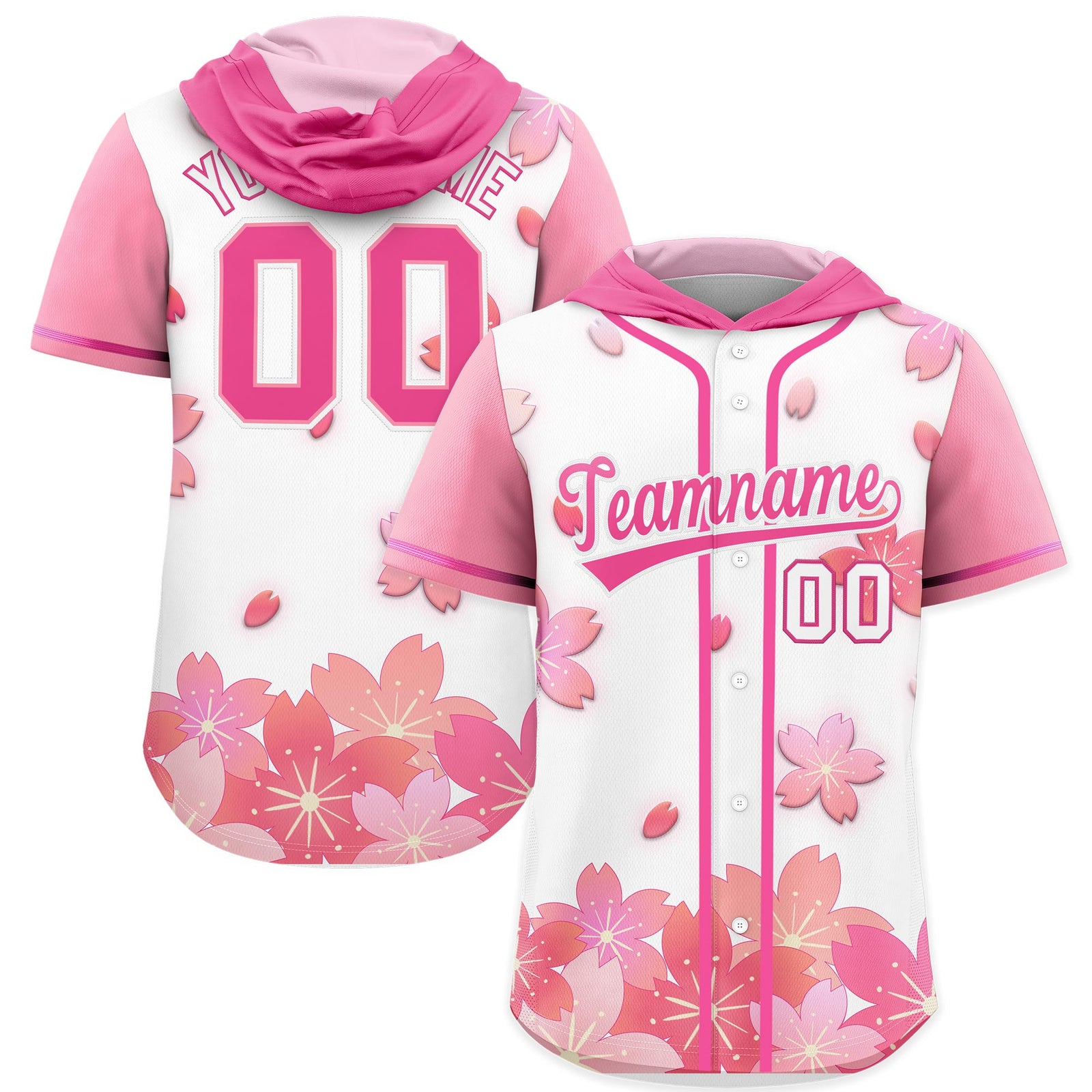 Custom Hooded Baseball Jersey | White Pink Cherry Blossom Personalized Name & Number Sport Jersey