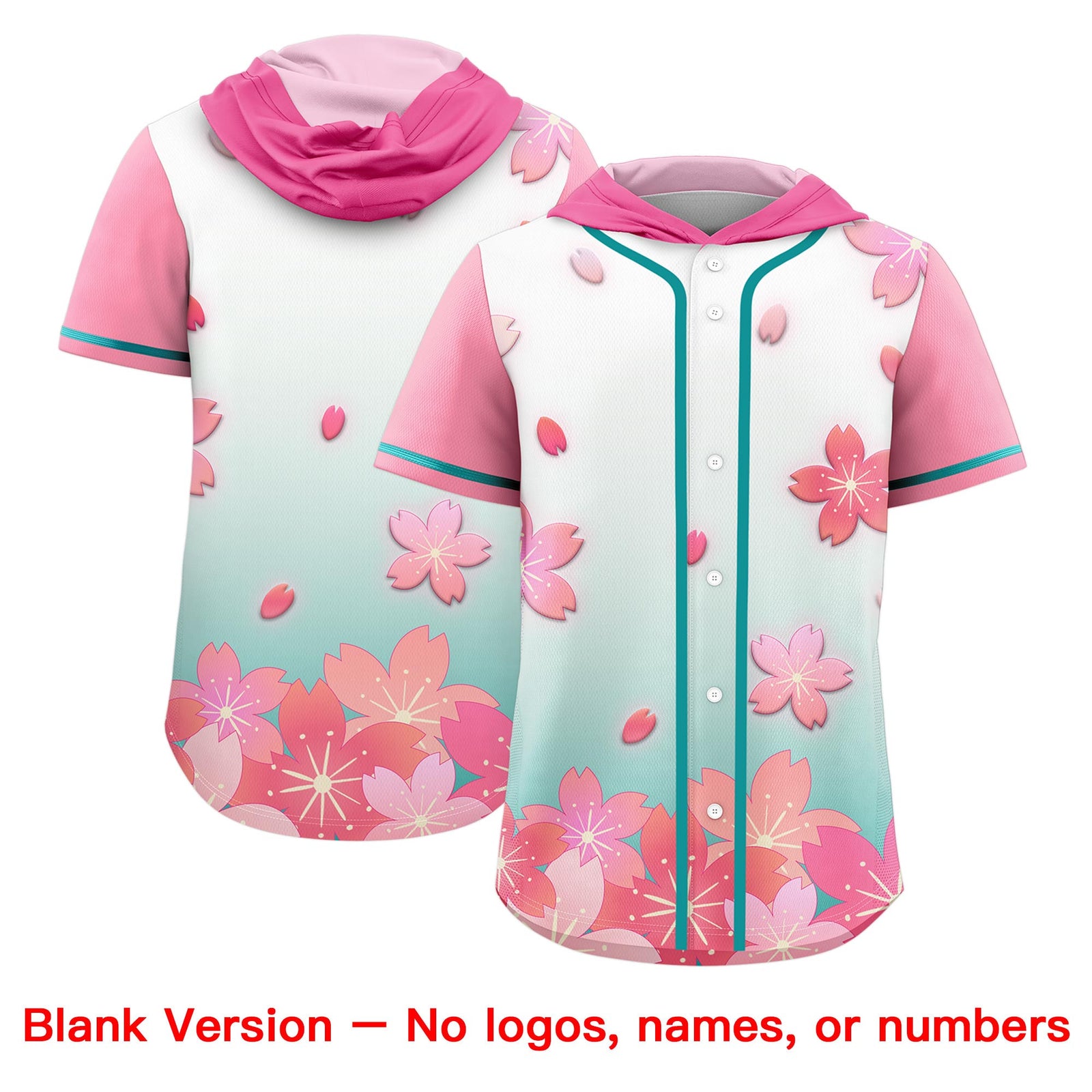Custom Hooded Baseball Jersey | Pink Aqua Cherry Blossom Personalized Name & Number Sport Jersey