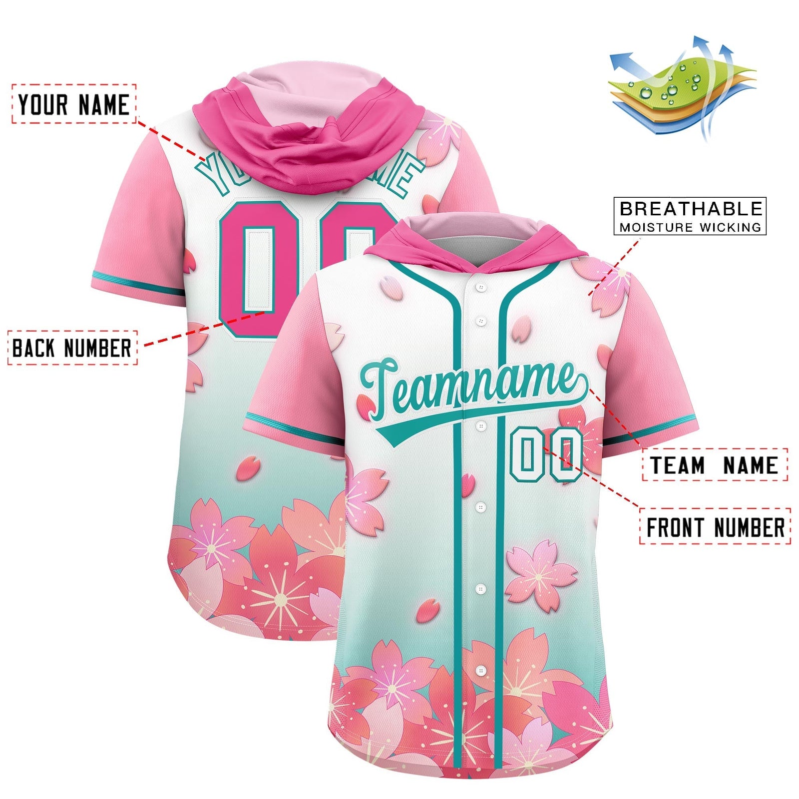 Custom Hooded Baseball Jersey | Pink Aqua Cherry Blossom Personalized Name & Number Sport Jersey