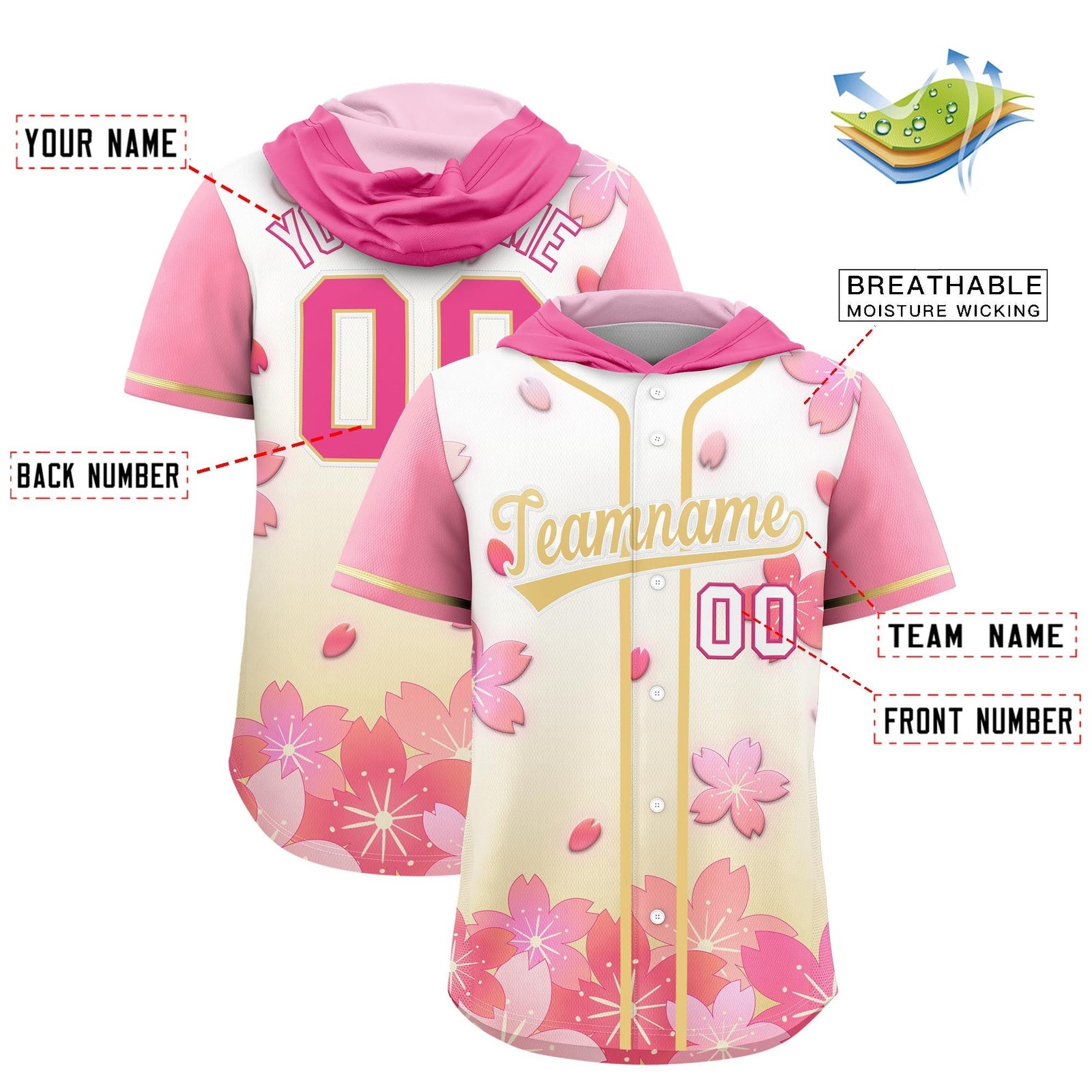 Custom Hooded Baseball Jersey | Pink Khaki Cherry Blossom Breathable Athleisure Streetwear