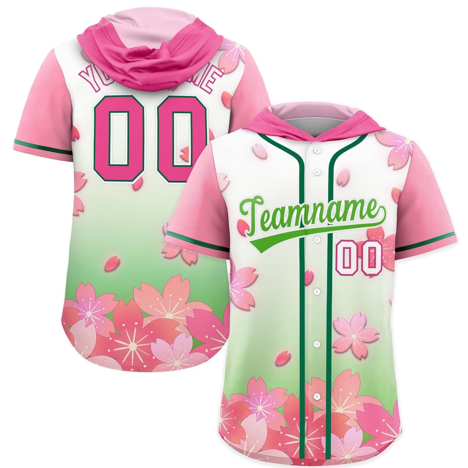 Custom Hooded Baseball Jersey | Pink Light Green Cherry Blossom Personalized Name & Number Sport Jersey