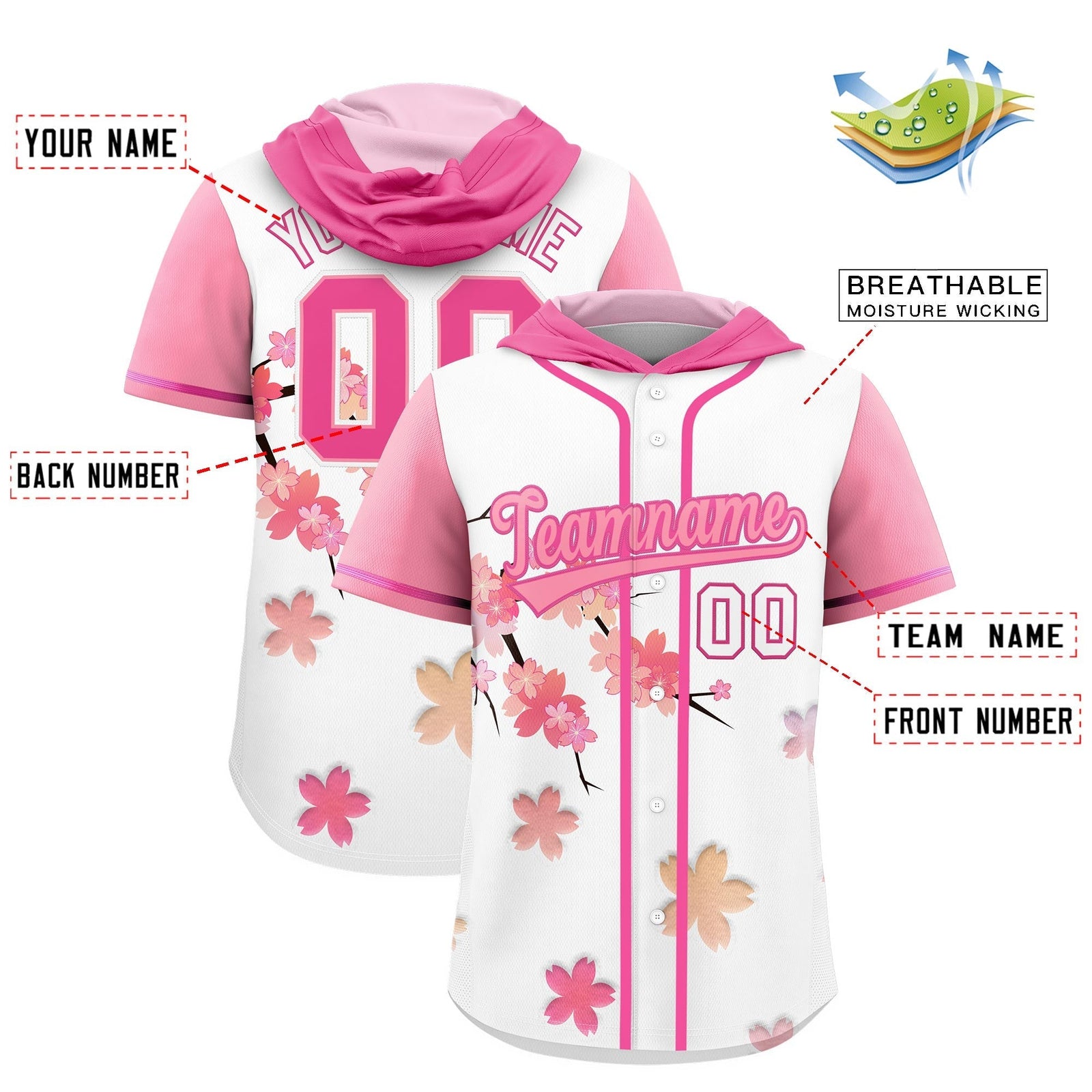 Custom Hooded Baseball Jersey | Pink Light Pink Cherry Blossom Breathable Athleisure Streetwear