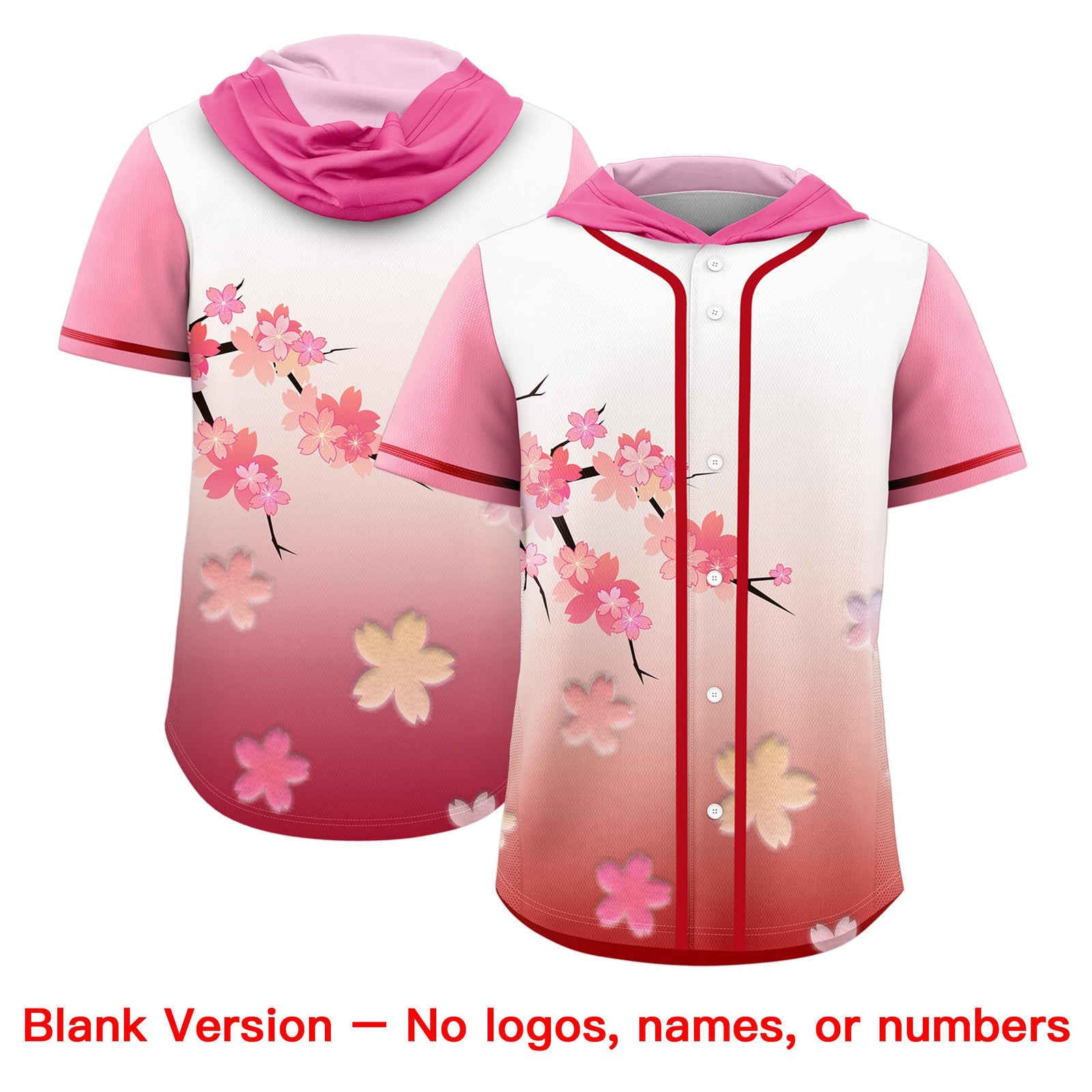 Custom Hooded Baseball Jersey | Pink Red Cherry Blossom Moisture-Wicking Jersey for Men & Women