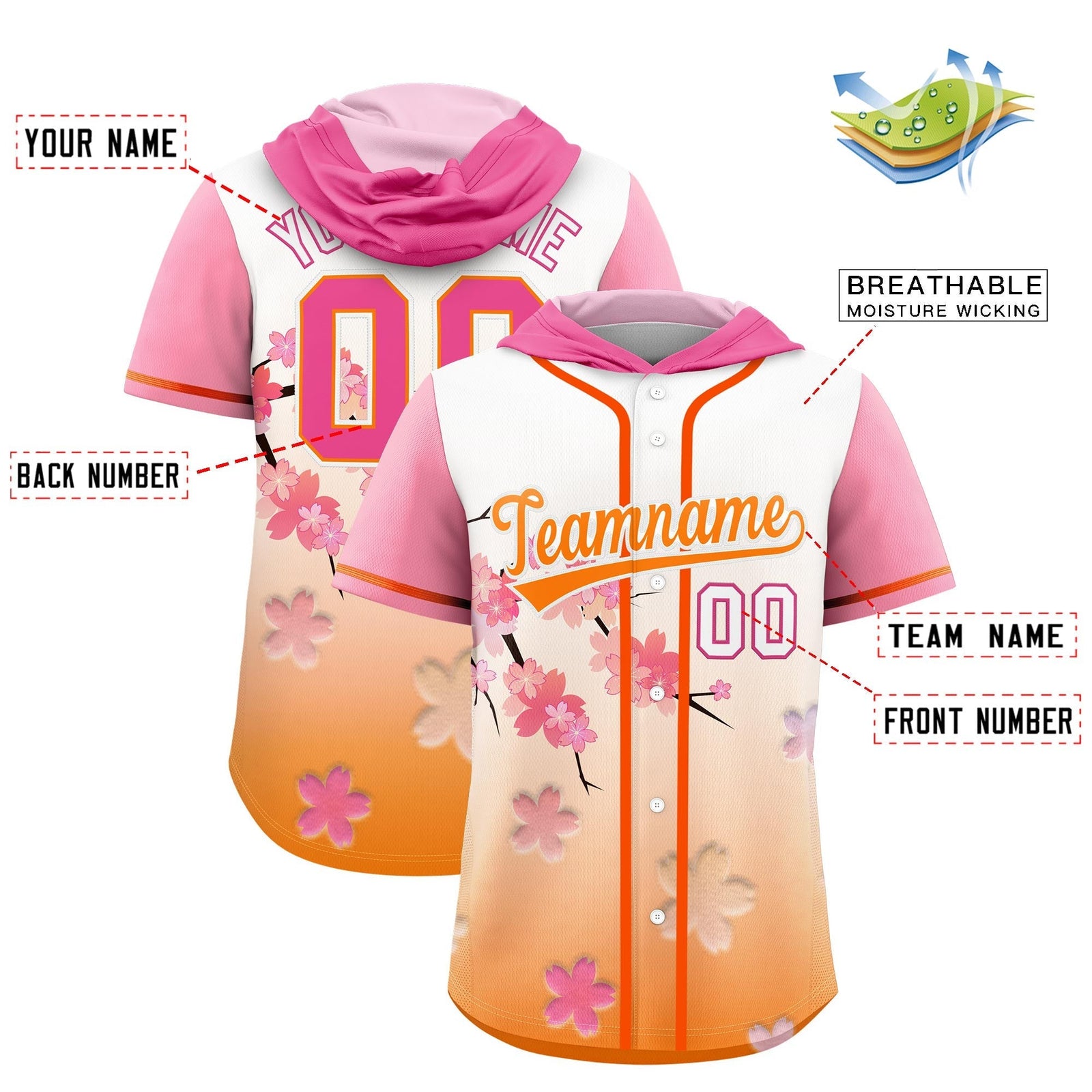 Custom Hooded Baseball Jersey | Pink Orange Cherry Blossom Personalized Name & Number Sport Jersey