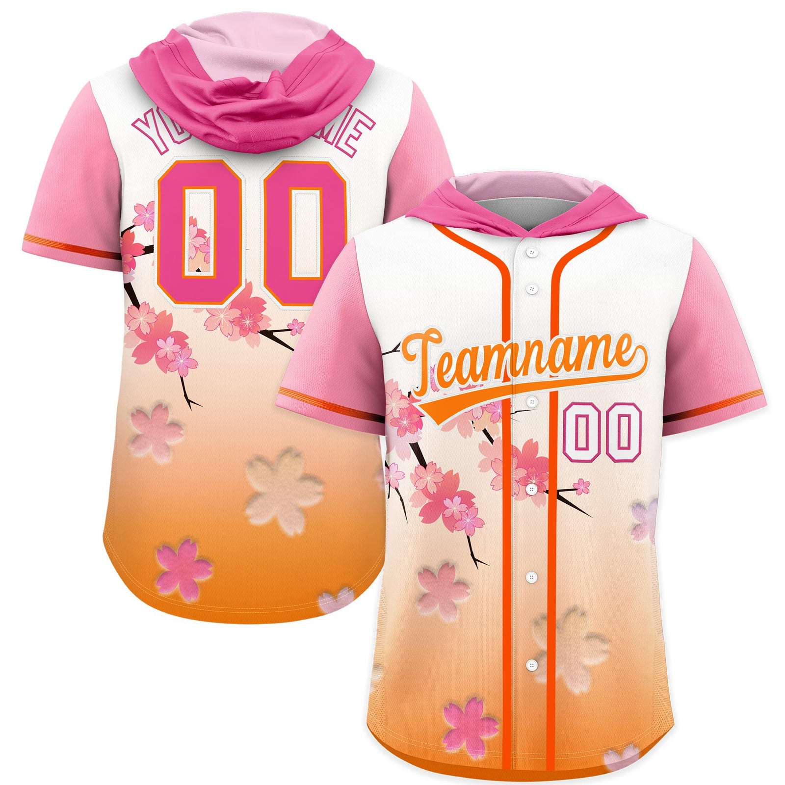 Custom Hooded Baseball Jersey | Pink Orange Cherry Blossom Personalized Name & Number Sport Jersey