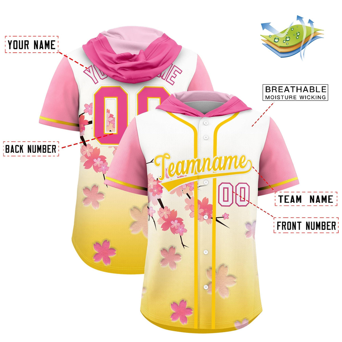 Custom Hooded Baseball Jersey | Pink Gold Cherry Blossom Breathable Athleisure Streetwear