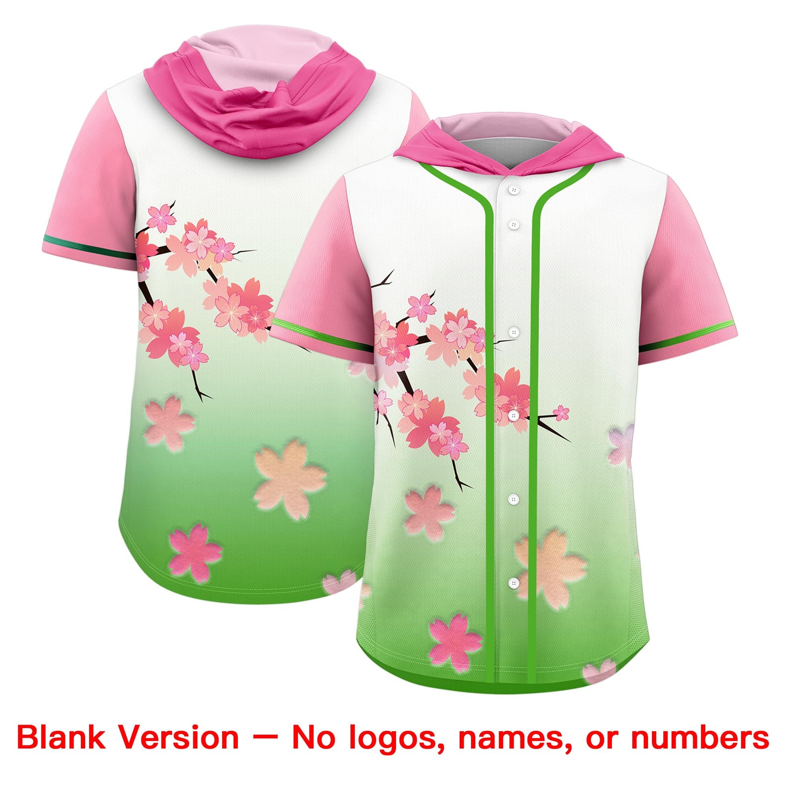 Custom Hooded Baseball Jersey | Pink Light Green Cherry Blossom Moisture-Wicking Jersey for Men & Women