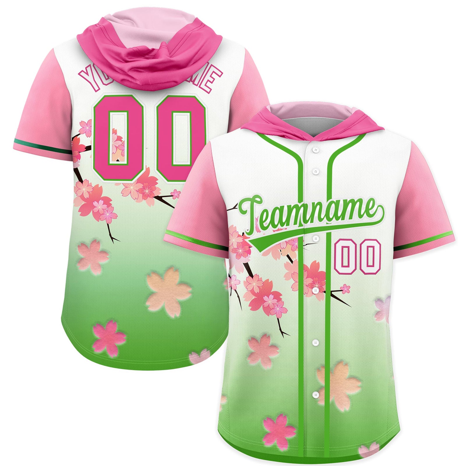 Custom Hooded Baseball Jersey | Pink Light Green Cherry Blossom Moisture-Wicking Jersey for Men & Women