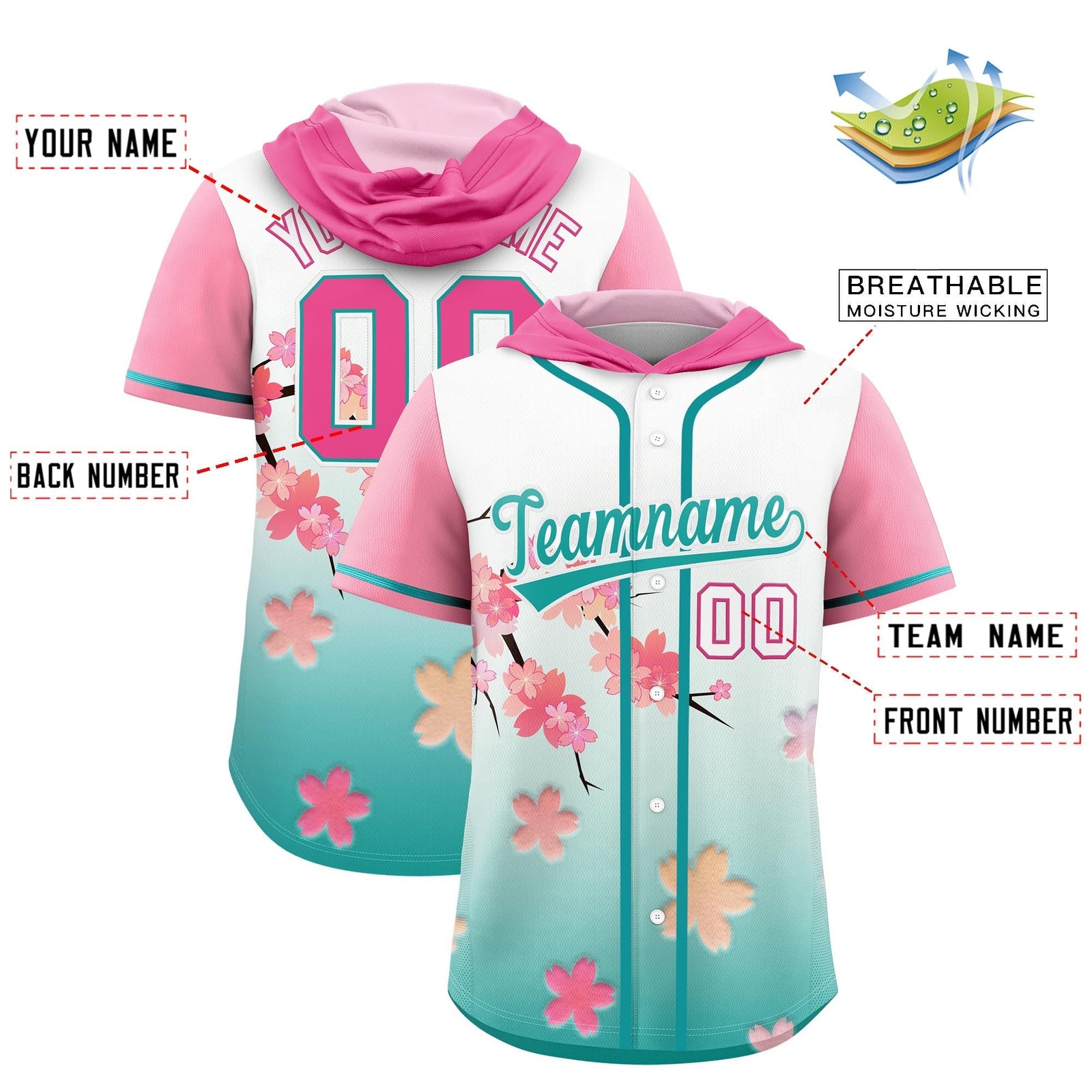 Custom Hooded Baseball Jersey | Pink Aqua Cherry Blossom Personalized Name & Number Sport Jersey