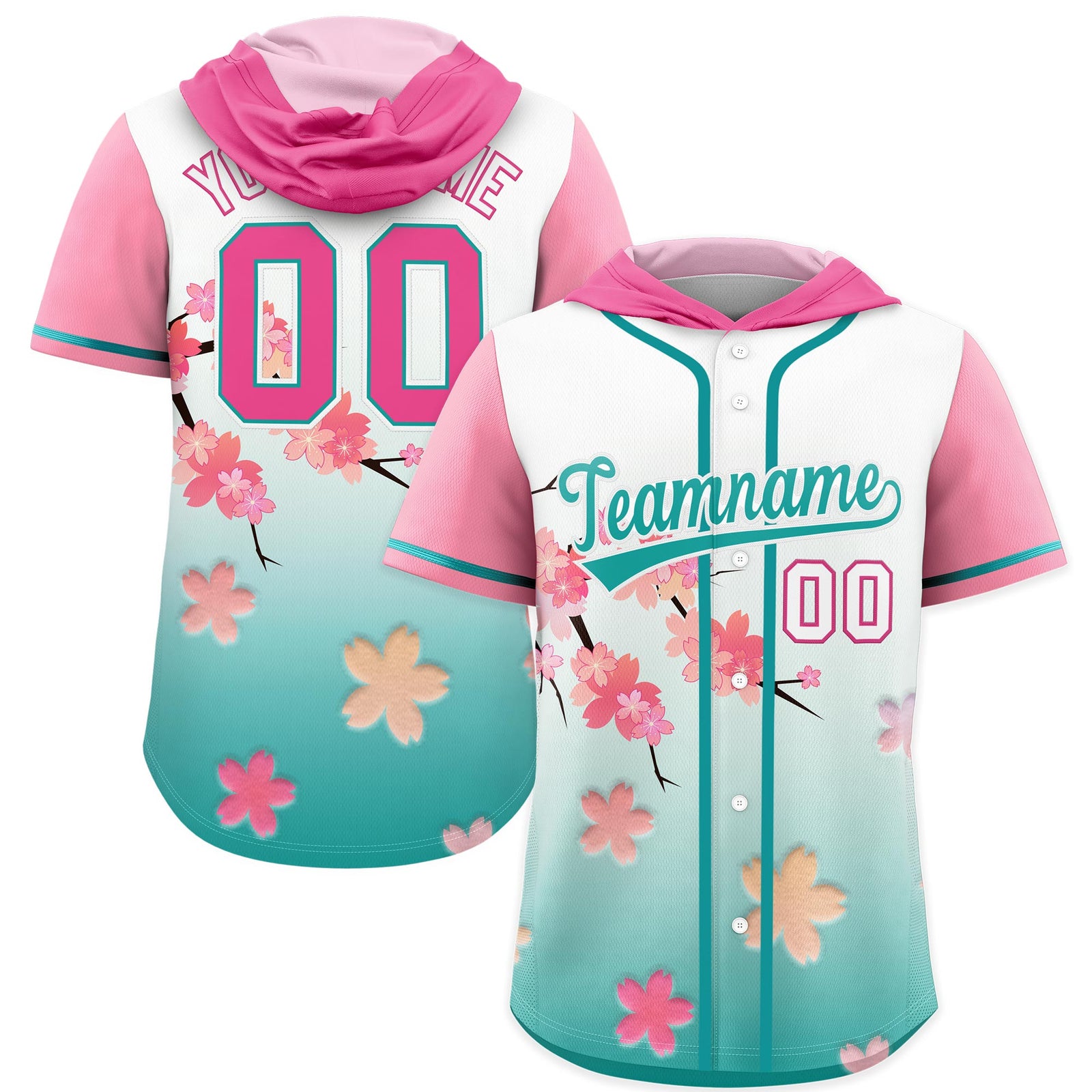 Custom Hooded Baseball Jersey | Pink Aqua Cherry Blossom Personalized Name & Number Sport Jersey