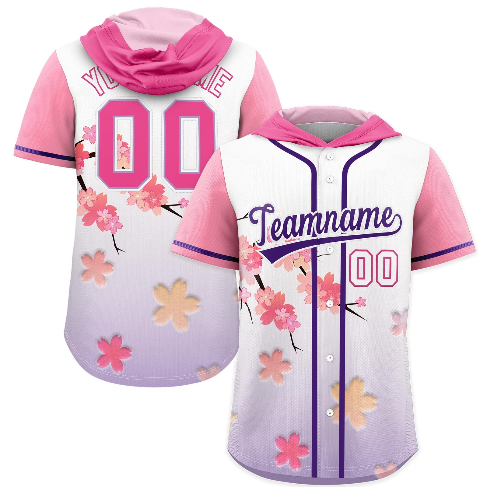 Custom Hooded Baseball Jersey | Pink Purple Cherry Blossom Moisture-Wicking Jersey for Men & Women