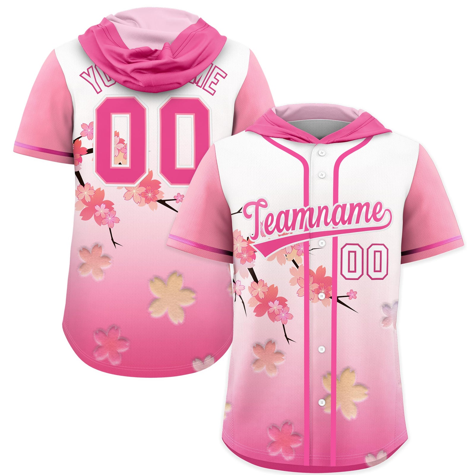 Custom Hooded Baseball Jersey | Pink White Cherry Blossom Personalized Name & Number Sport Jersey