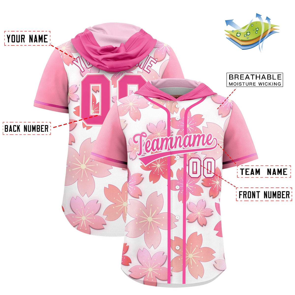 Custom Hooded Baseball Jersey | Pink White Cherry Blossom Moisture-Wicking Jersey for Men &amp; Women