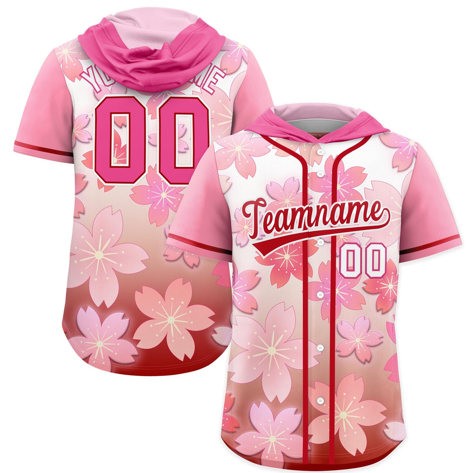 Custom Hooded Baseball Jersey | Pink Red Cherry Blossom Breathable Athleisure Streetwear