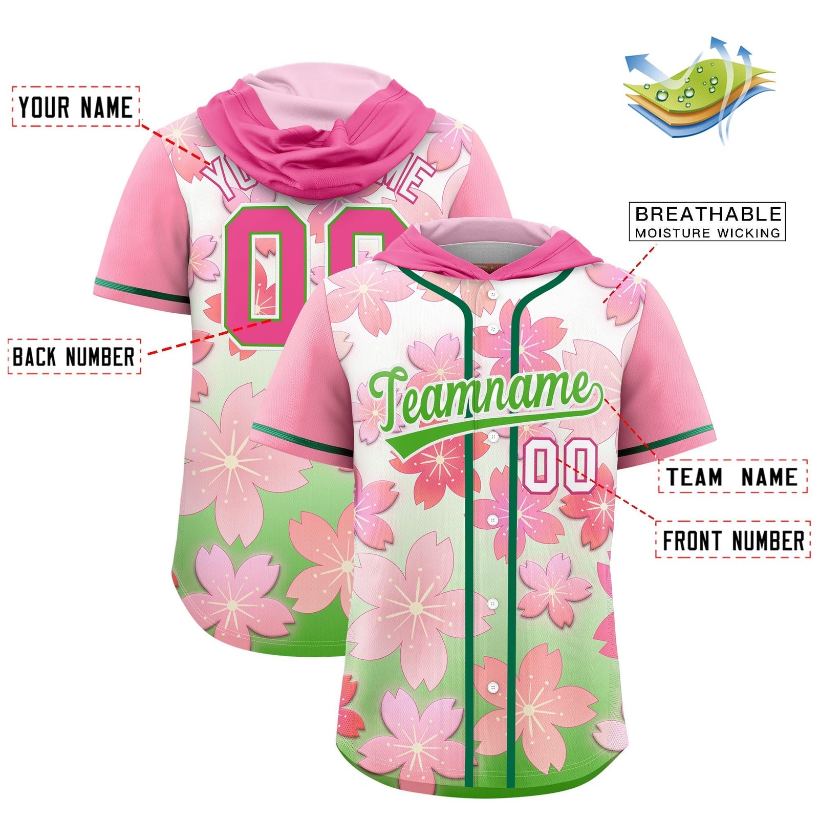 Custom Hooded Baseball Jersey | Pink Light Green Cherry Blossom Breathable Athleisure Streetwear