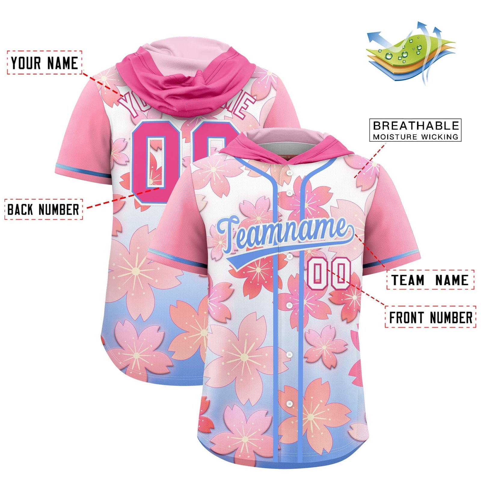 Custom Hooded Baseball Jersey | Pink Light Blue Cherry Blossom Personalized Name & Number Sport Jersey