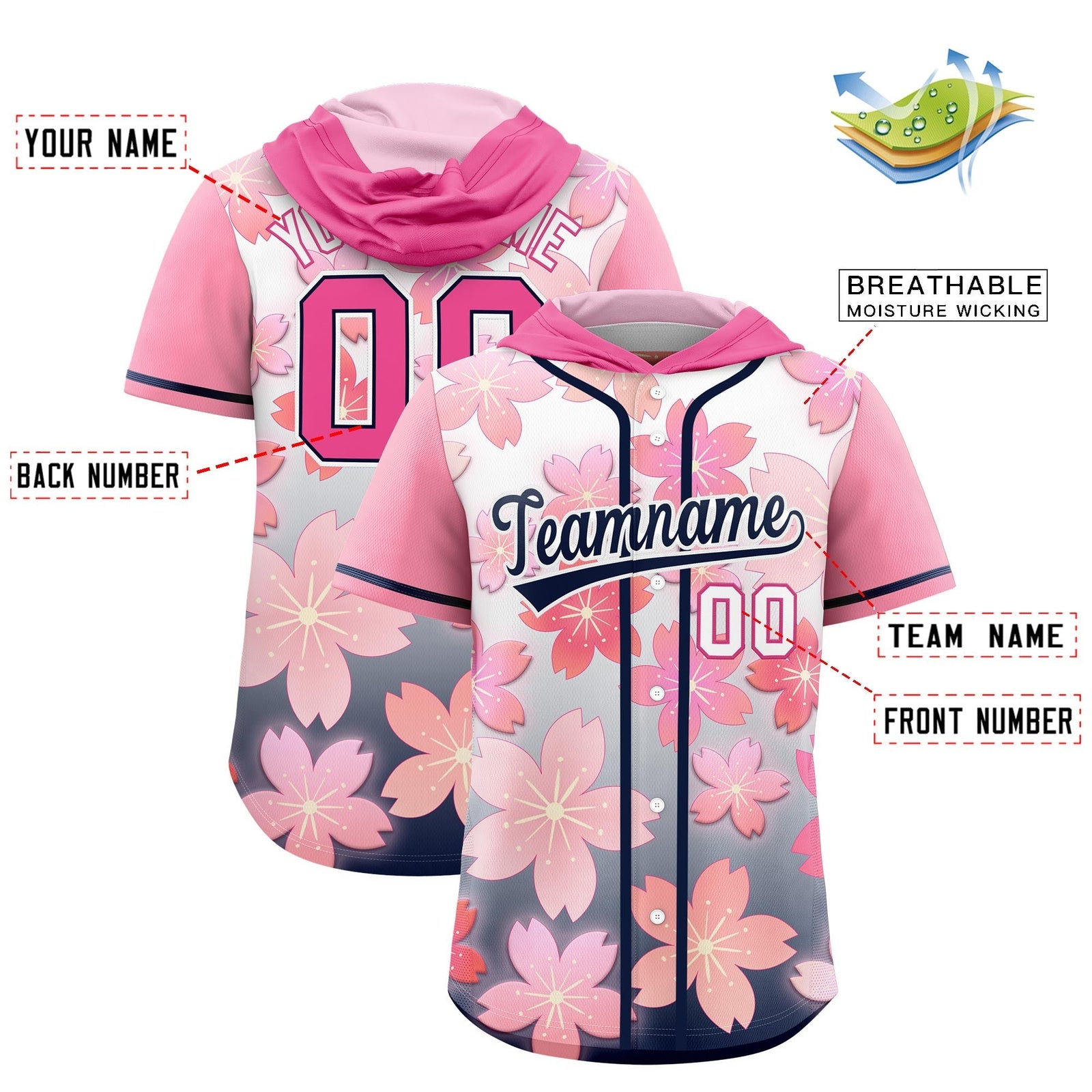 Custom Hooded Baseball Jersey | Pink Navy Cherry Blossom Breathable Athleisure Streetwear