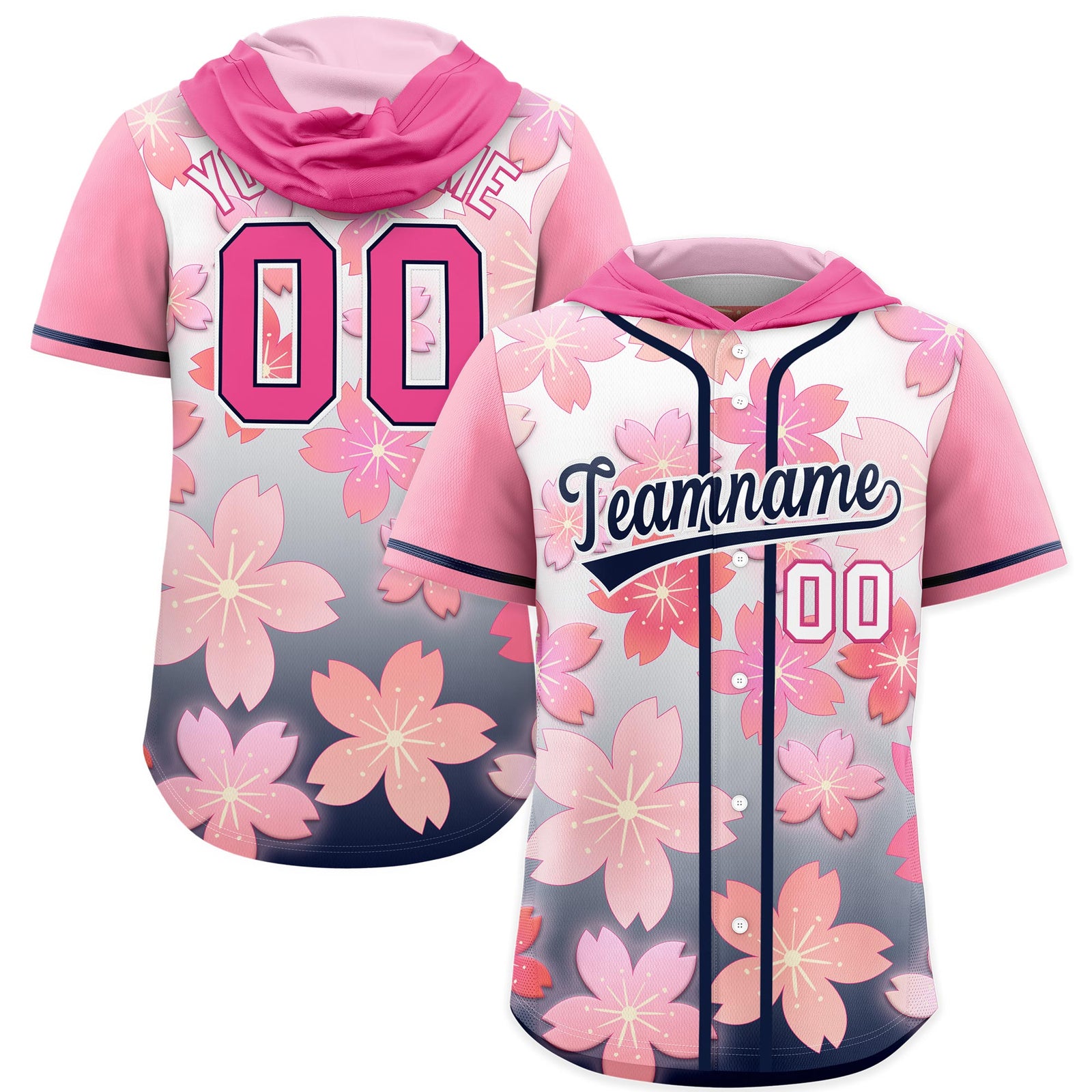 Custom Hooded Baseball Jersey | Pink Navy Cherry Blossom Breathable Athleisure Streetwear