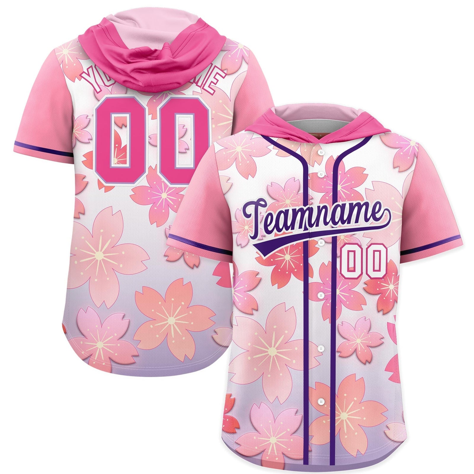 Custom Hooded Baseball Jersey | Pink Purple Cherry Blossom Moisture-Wicking Jersey for Men & Women