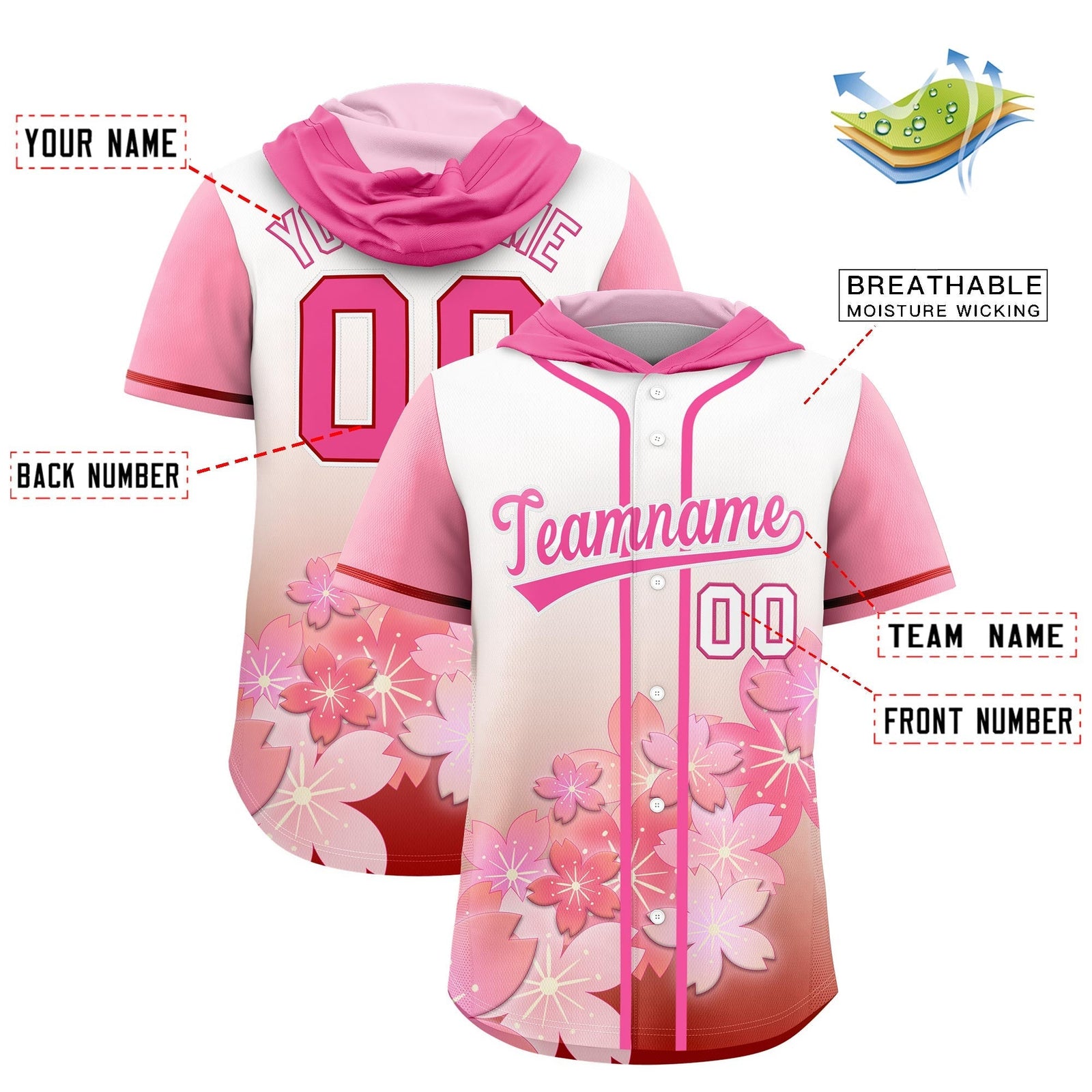 Custom Hooded Baseball Jersey | Pink Pink Cherry Blossom Breathable Athleisure Streetwear
