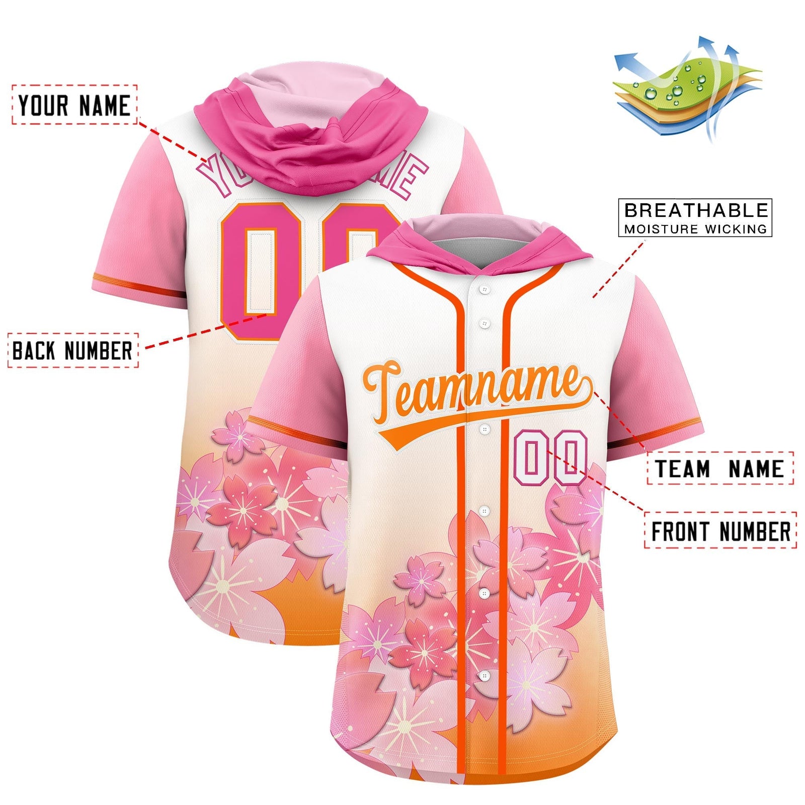 Custom Hooded Baseball Jersey | Pink Orange Cherry Blossom Moisture-Wicking Jersey for Men & Women