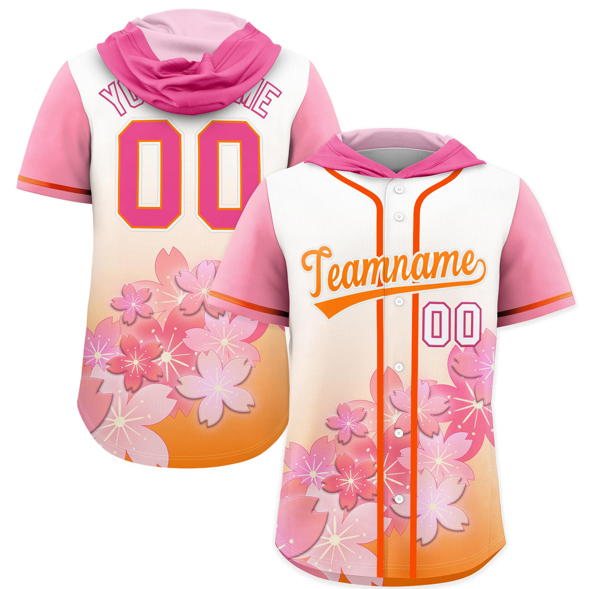 Custom Hooded Baseball Jersey | Pink Orange Cherry Blossom Moisture-Wicking Jersey for Men &amp; Women