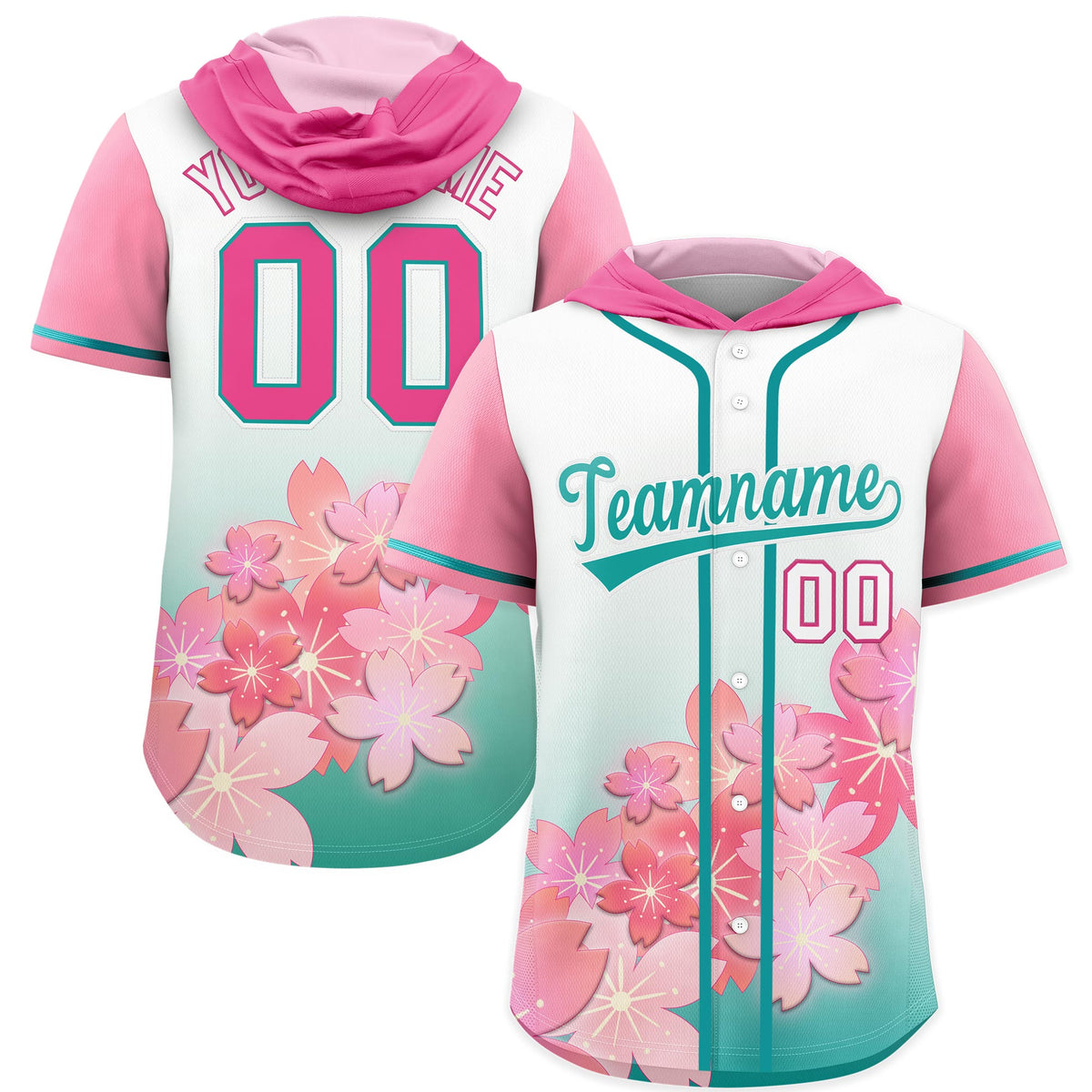 Custom Hooded Baseball Jersey | Pink Aqua Cherry Blossom Moisture-Wicking Jersey for Men &amp; Women