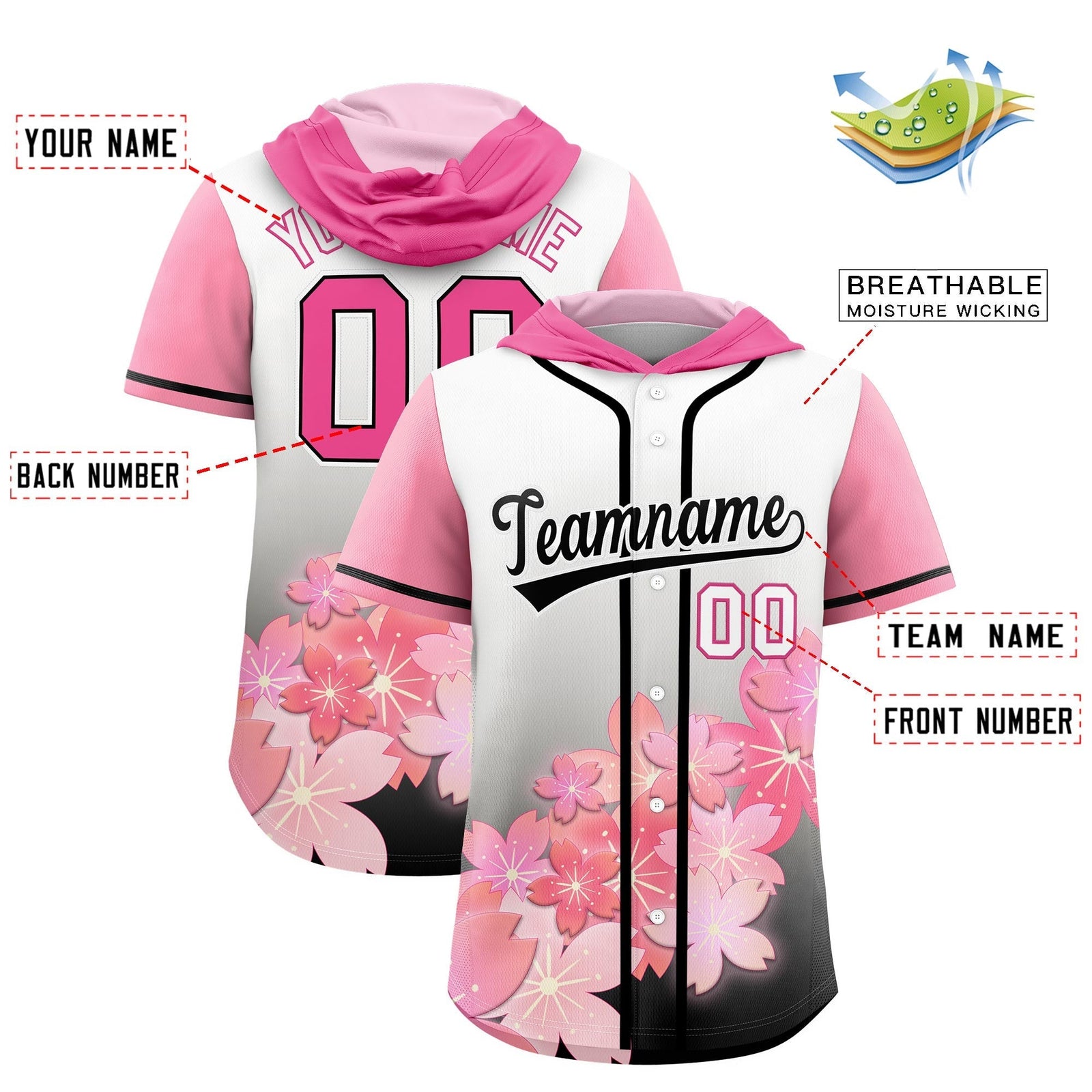 Custom Hooded Baseball Jersey | Pink Black Cherry Blossom Moisture-Wicking Jersey for Men & Women
