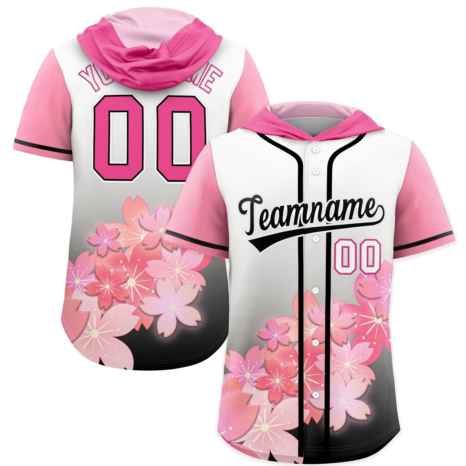Custom Hooded Baseball Jersey | Pink Black Cherry Blossom Moisture-Wicking Jersey for Men & Women