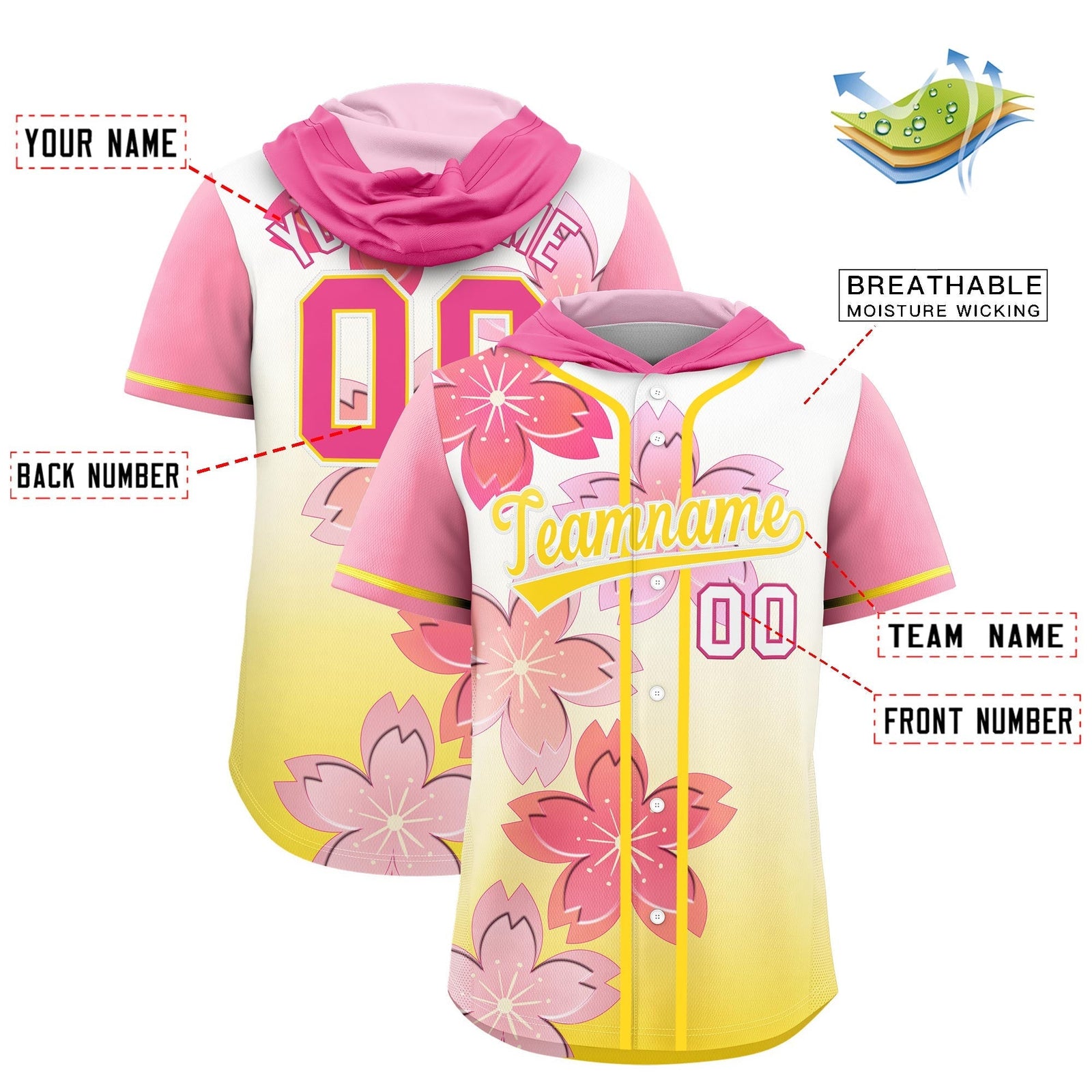 Custom Hooded Baseball Jersey | Pink Gold Cherry Blossom Personalized Name & Number Sport Jersey