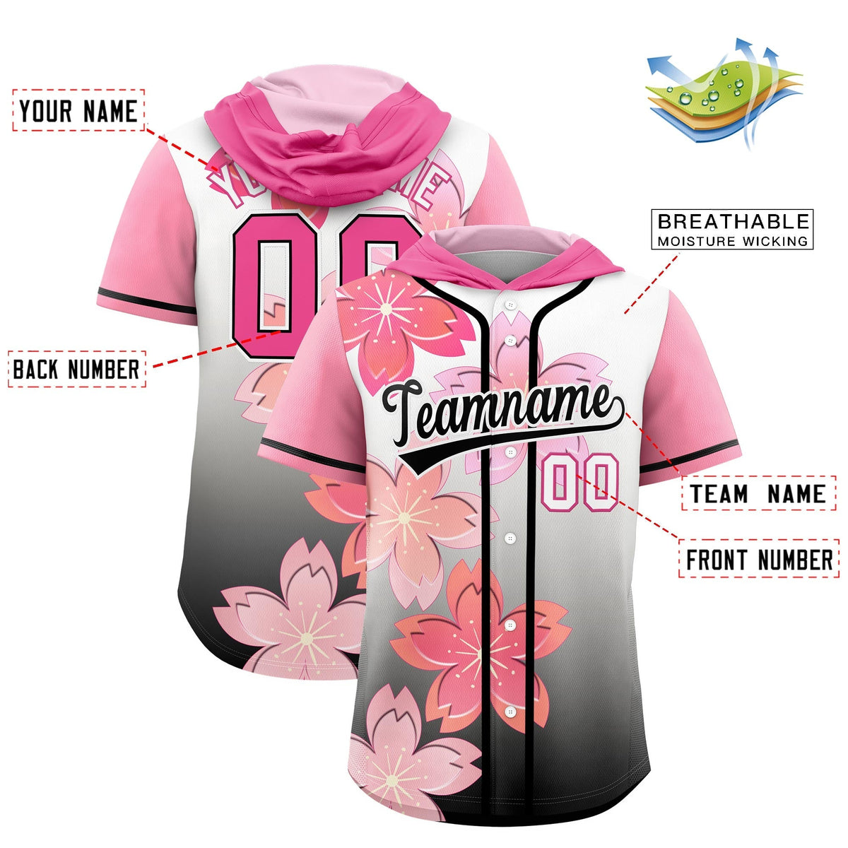 Custom Hooded Baseball Jersey | Pink Black Cherry Blossom Moisture-Wicking Jersey for Men &amp; Women