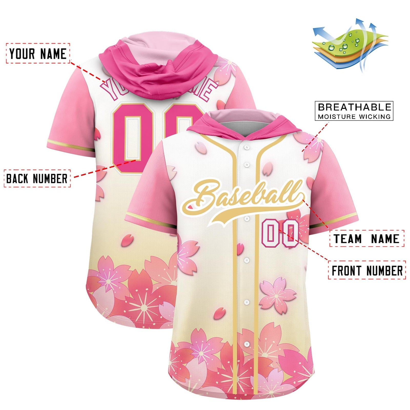 Custom Hooded Baseball Jersey | Pink Khaki Cherry Blossom Breathable Athleisure Streetwear