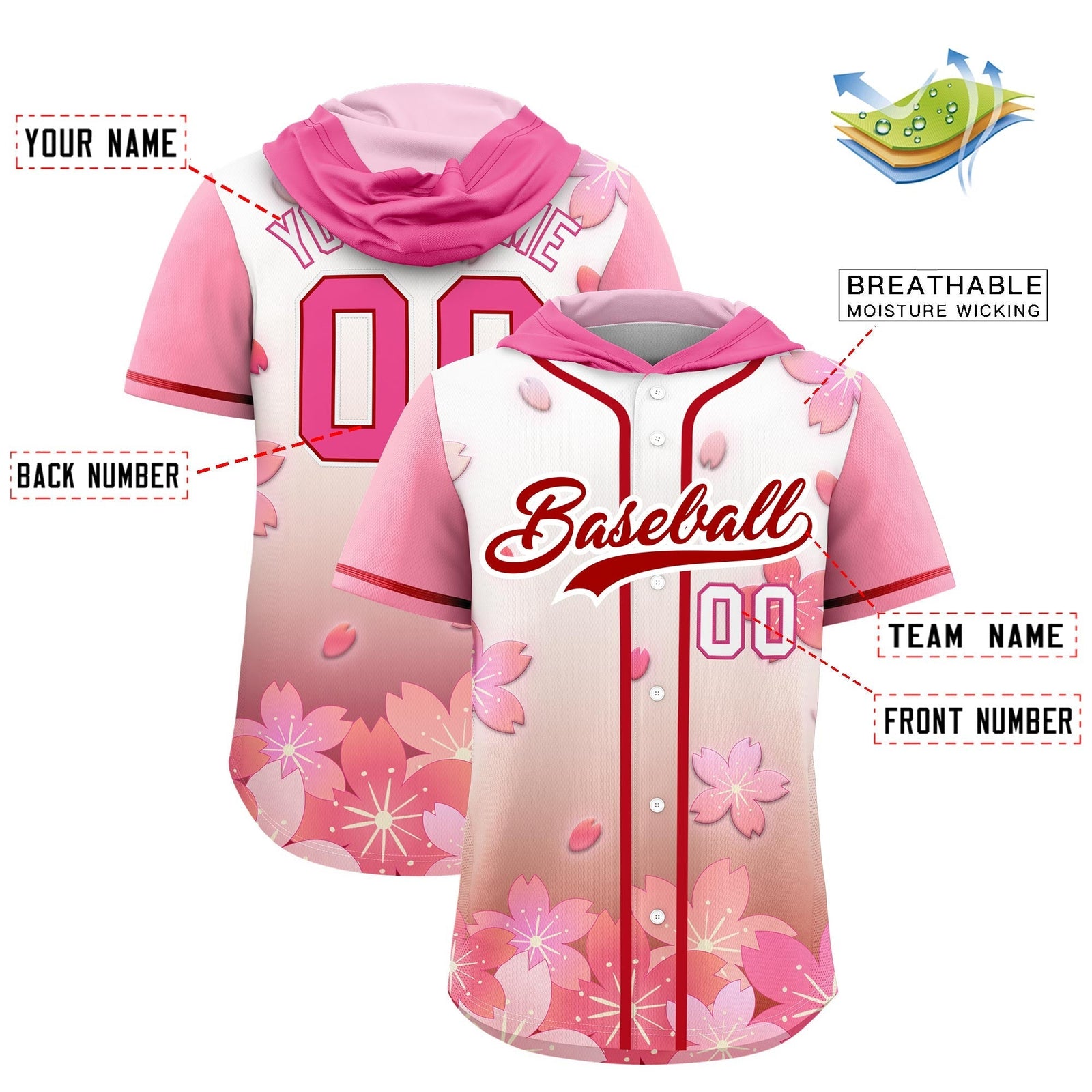 Custom Hooded Baseball Jersey | Pink Red Cherry Blossom Moisture-Wicking Jersey for Men & Women