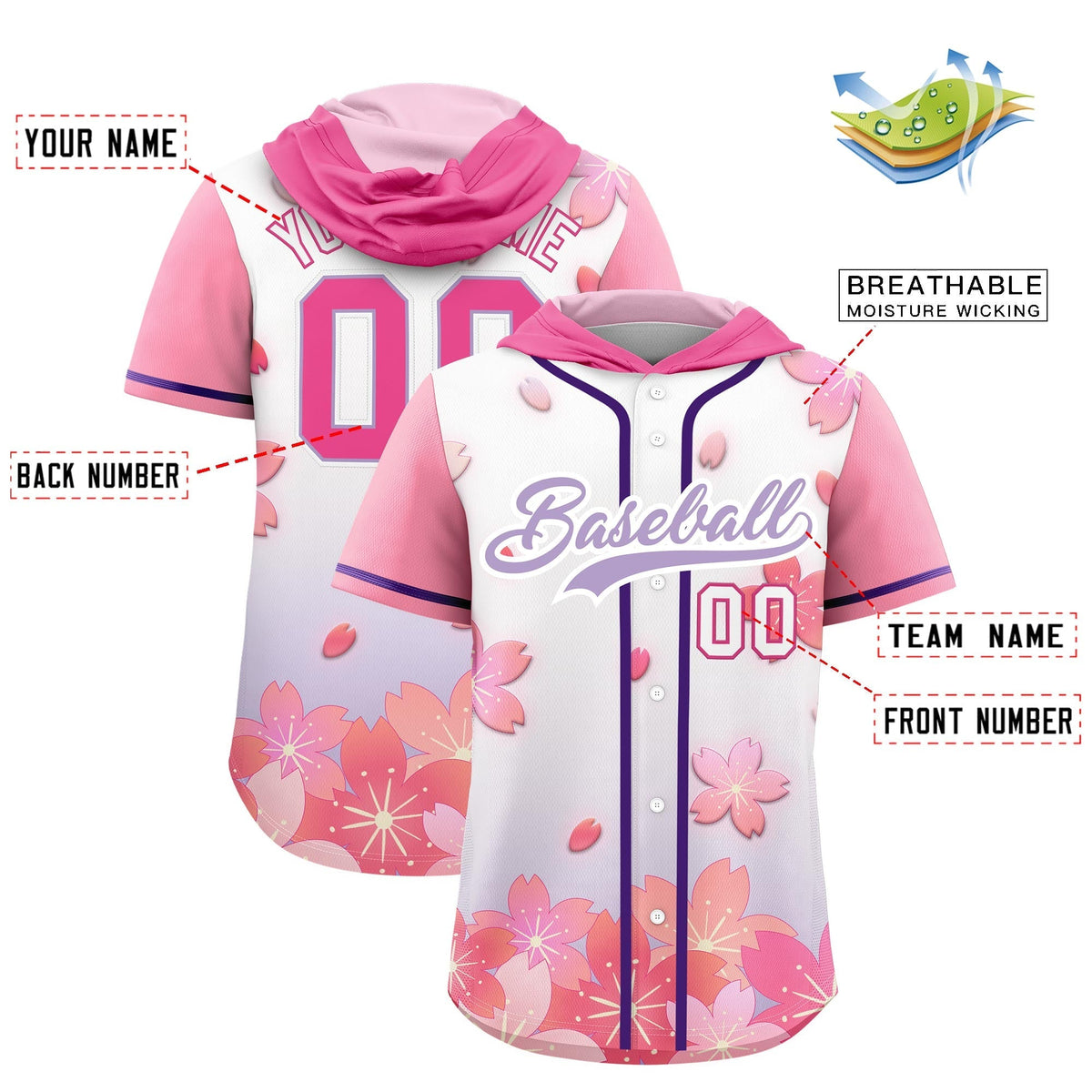 Custom Hooded Baseball Jersey | Pink Light Purple Cherry Blossom Personalized Name &amp; Number Sport Jersey
