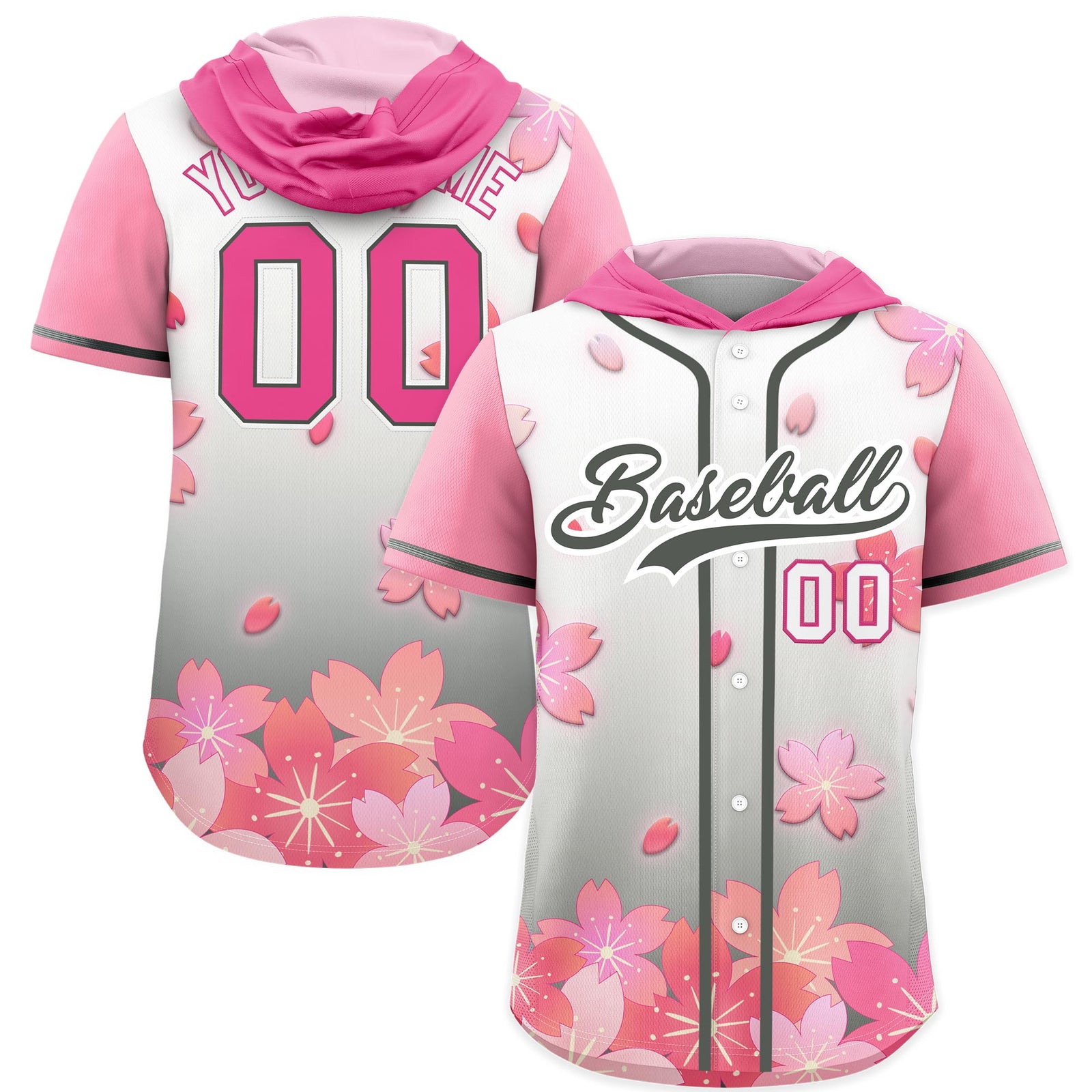 Custom Hooded Baseball Jersey | Pink Gray Cherry Blossom Moisture-Wicking Jersey for Men & Women