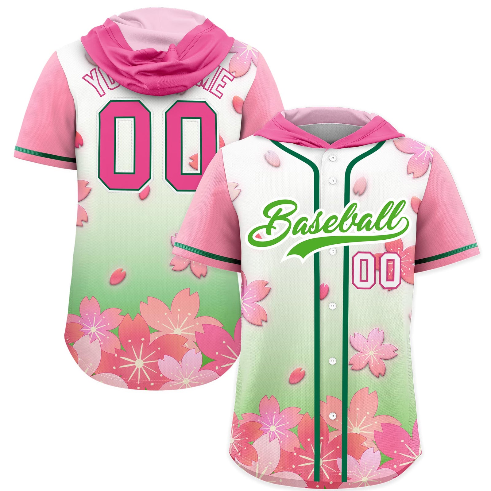 Custom Hooded Baseball Jersey | Pink Light Green Cherry Blossom Personalized Name & Number Sport Jersey