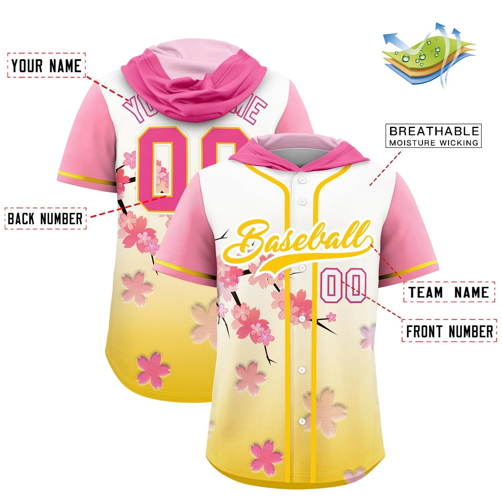 Custom Hooded Baseball Jersey | Pink Gold Cherry Blossom Breathable Athleisure Streetwear