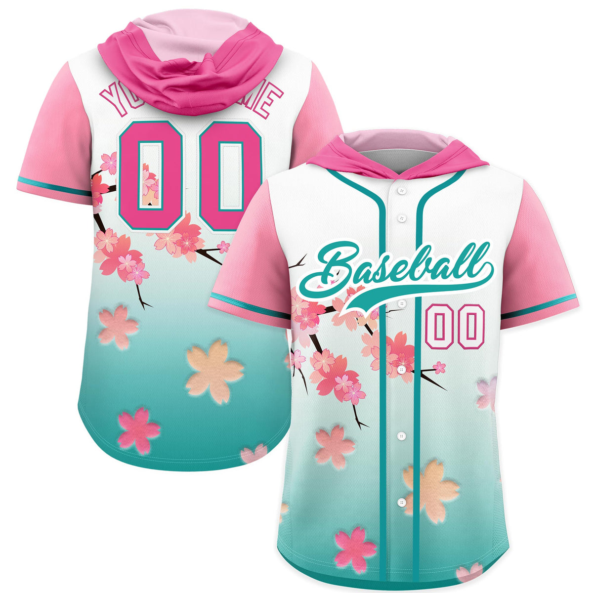 Custom Hooded Baseball Jersey | Pink Aqua Cherry Blossom Personalized Name &amp; Number Sport Jersey