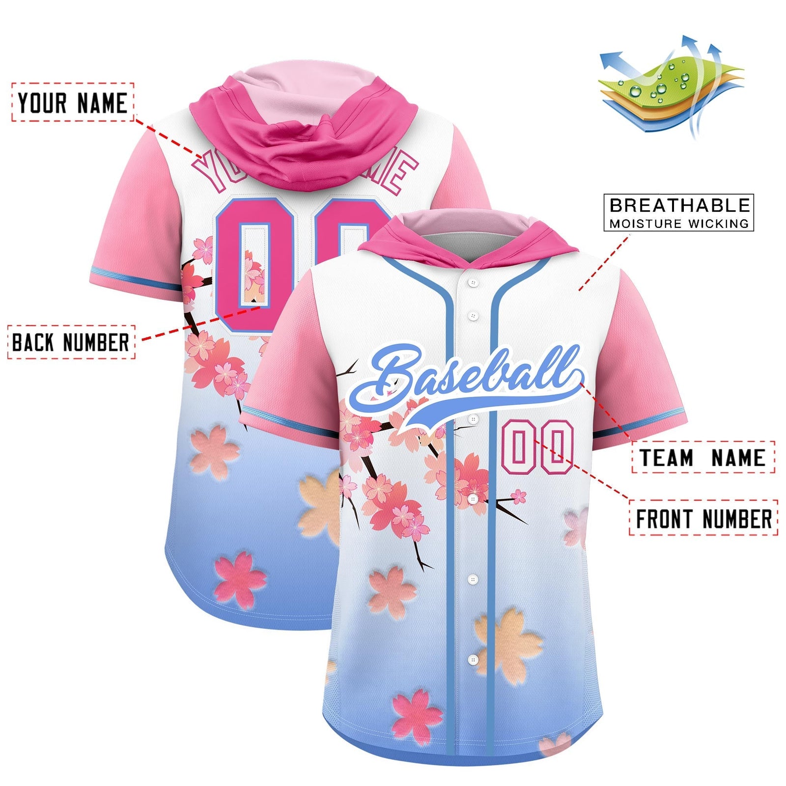 Custom Hooded Baseball Jersey | Pink Light Blue Cherry Blossom Breathable Athleisure Streetwear
