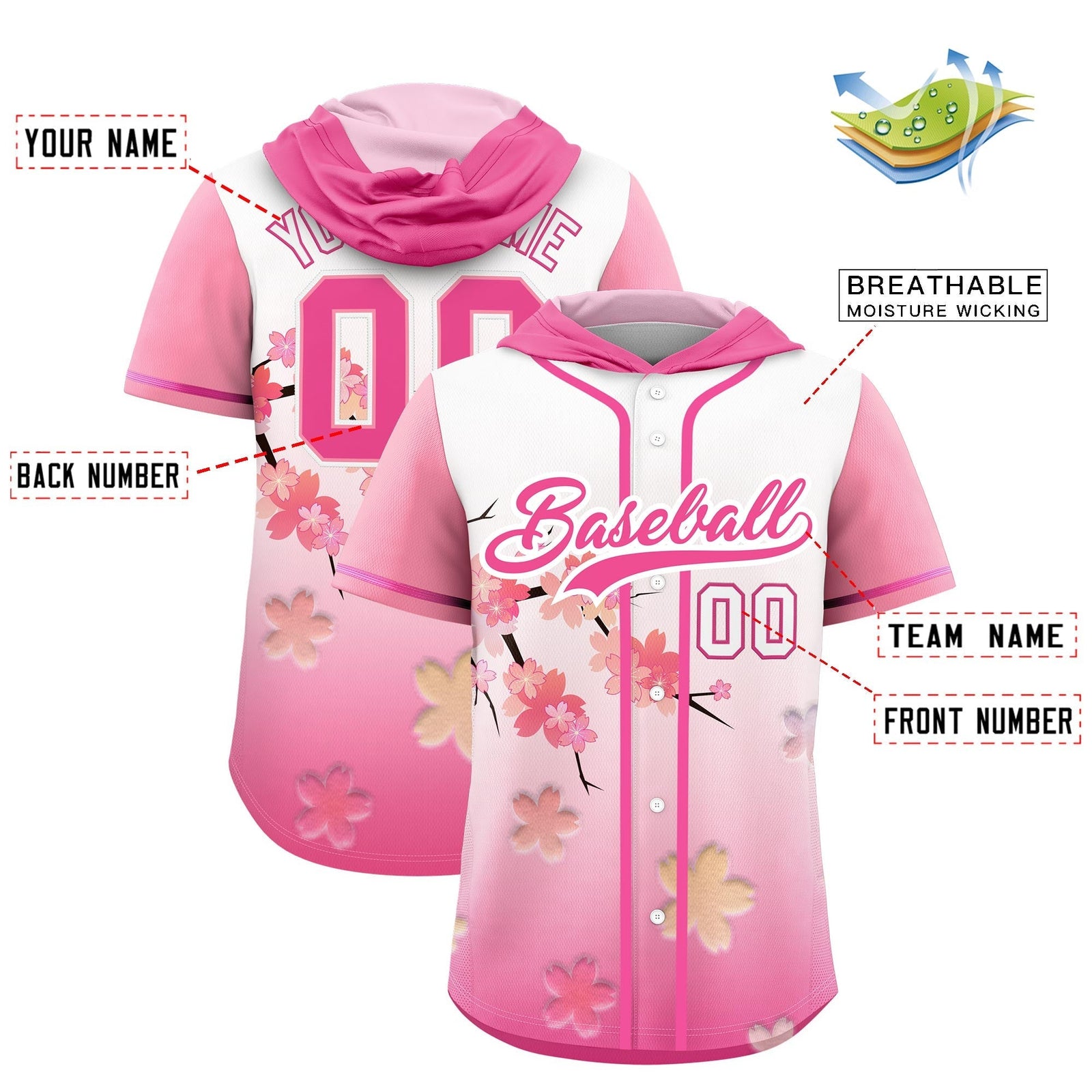 Custom Hooded Baseball Jersey | Pink White Cherry Blossom Personalized Name & Number Sport Jersey