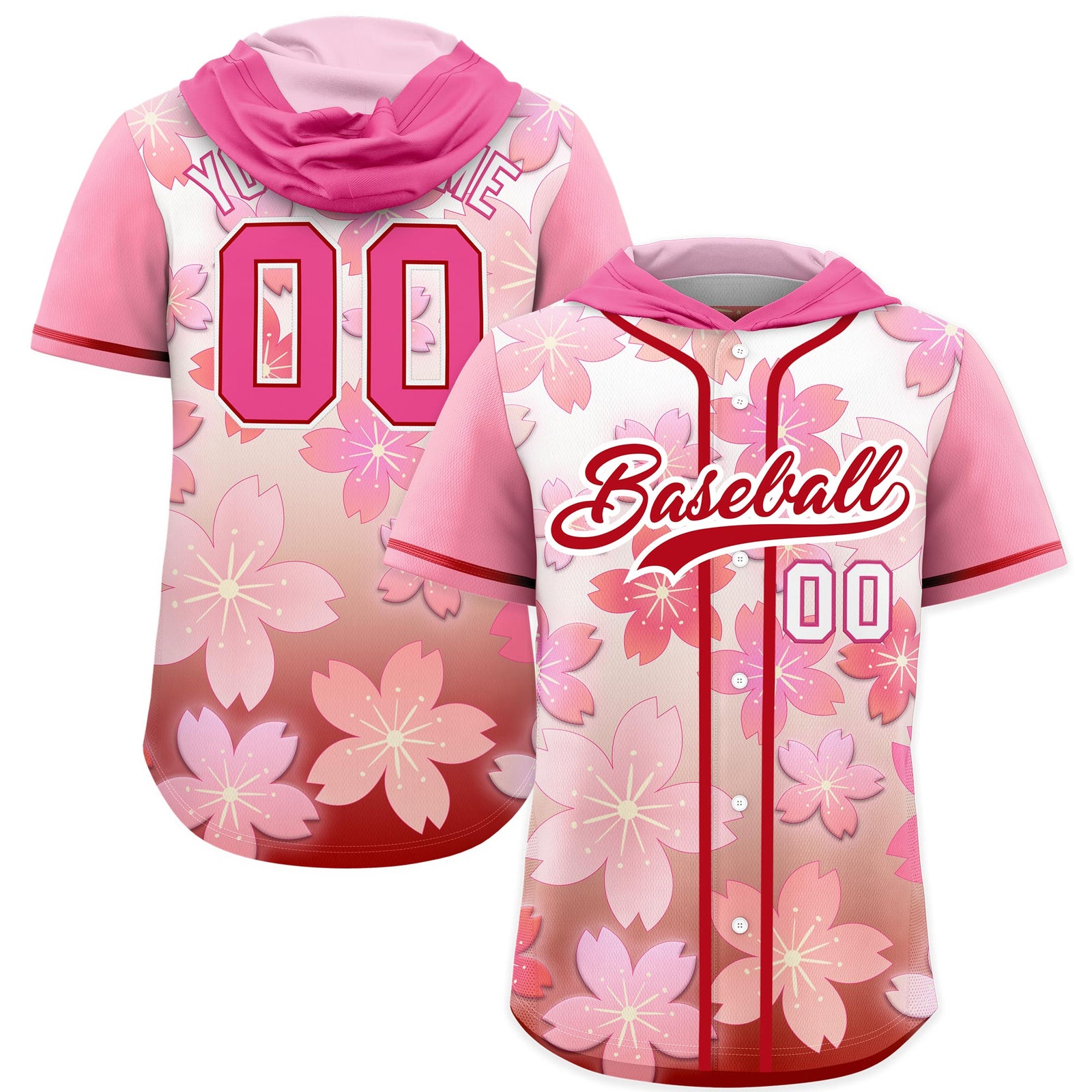 Custom Hooded Baseball Jersey | Pink Red Cherry Blossom Breathable Athleisure Streetwear