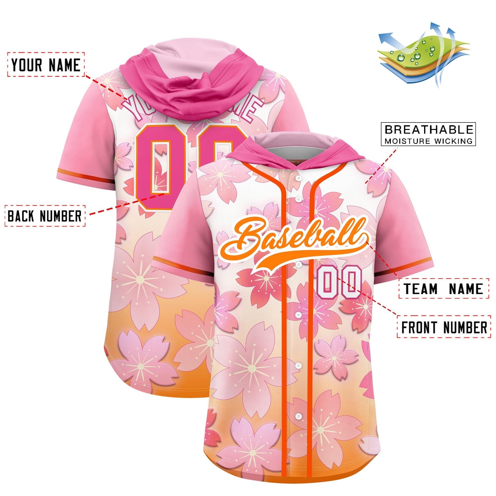 Custom Hooded Baseball Jersey | Pink Orange Cherry Blossom Moisture-Wicking Jersey for Men & Women
