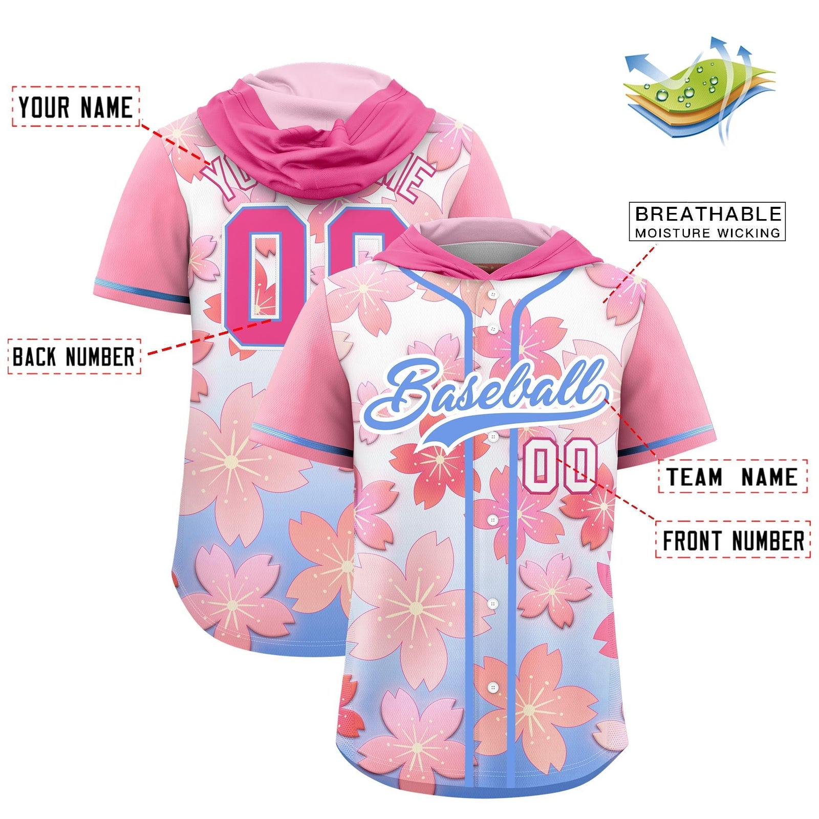Custom Hooded Baseball Jersey | Pink Light Blue Cherry Blossom Personalized Name & Number Sport Jersey