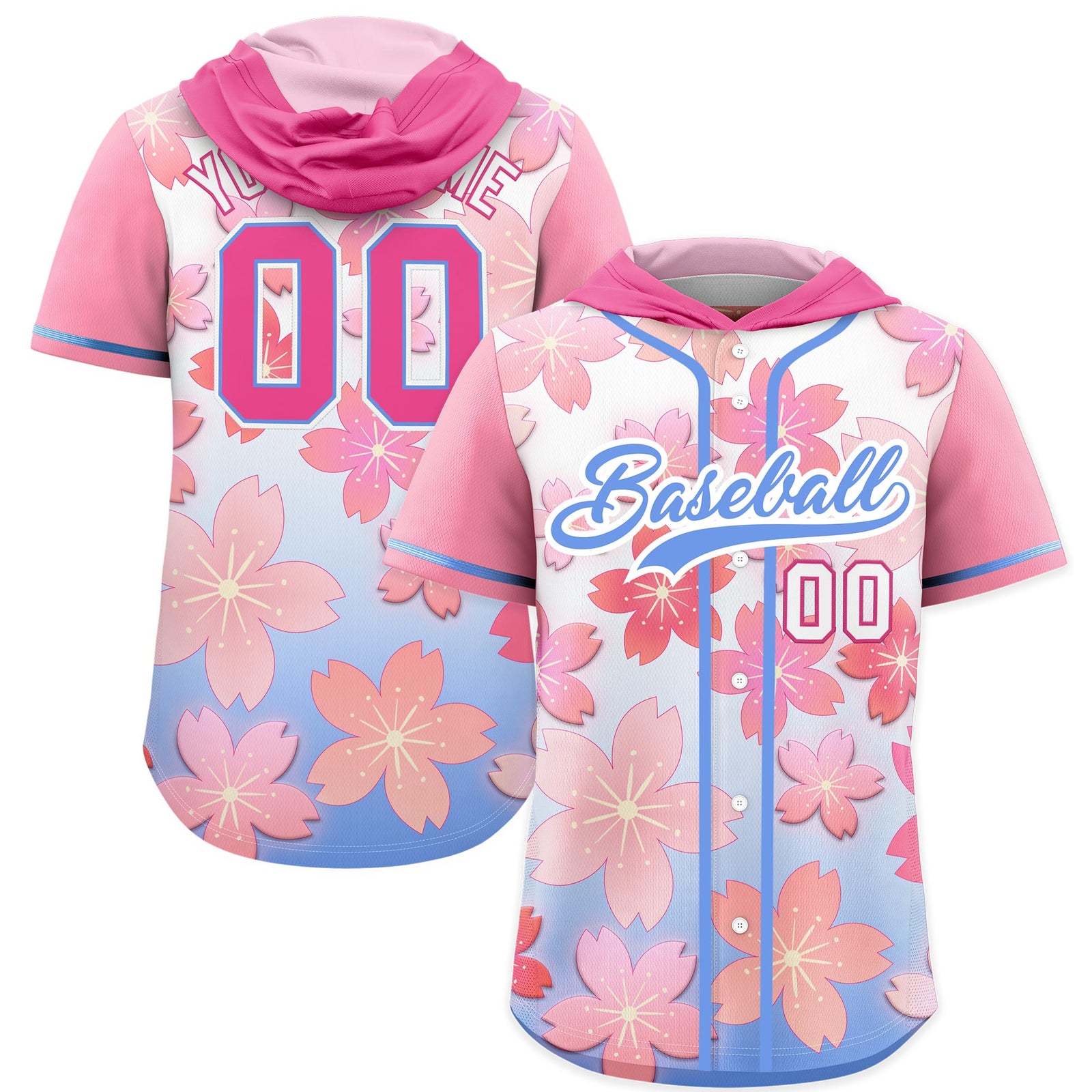 Custom Hooded Baseball Jersey | Pink Light Blue Cherry Blossom Personalized Name & Number Sport Jersey